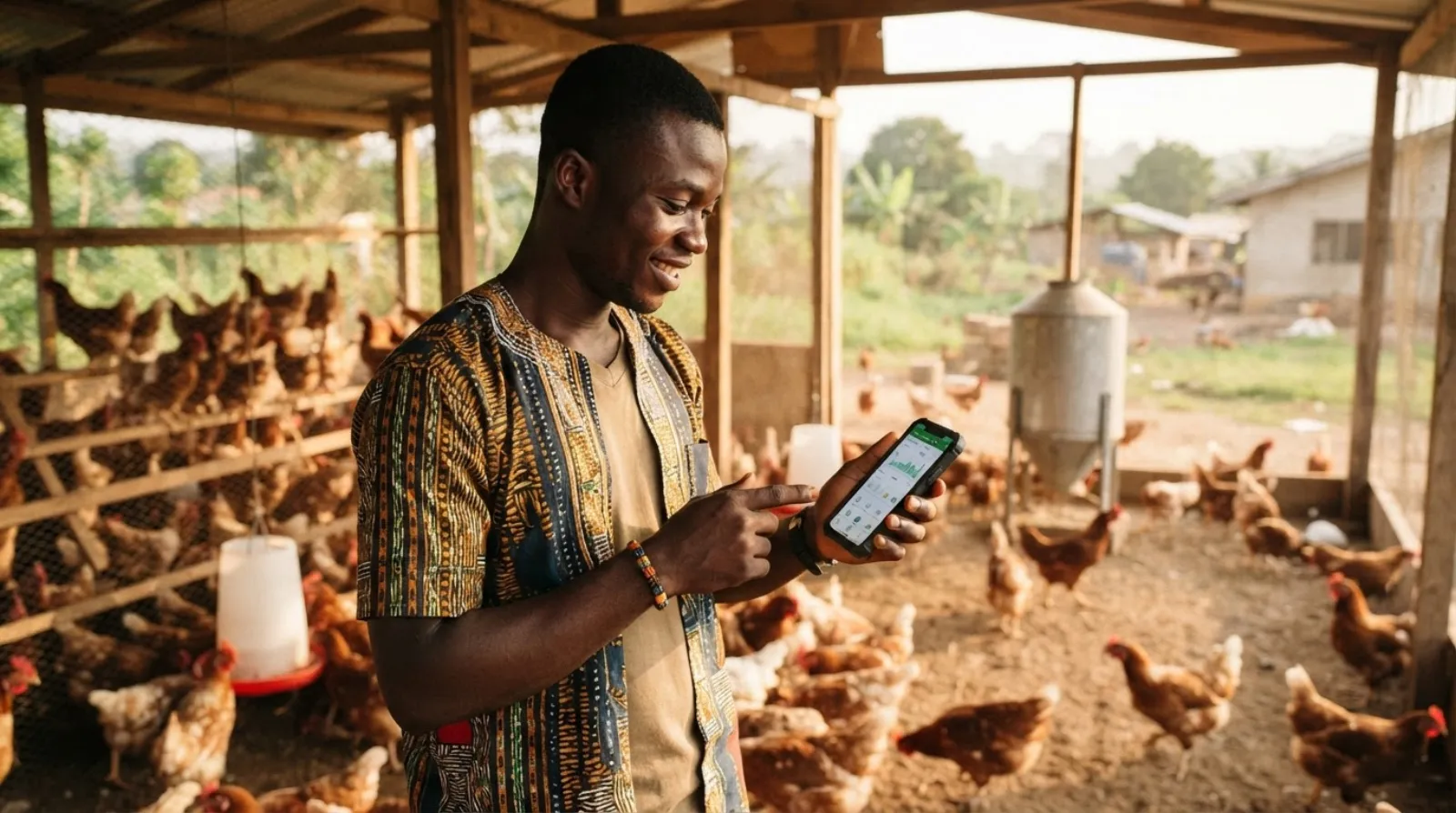 A Ghanaian farm worker holding a smartphone showing a WhatsApp advisory chat and a computer-vision flock-monitoring camera mounted over broilers in the background