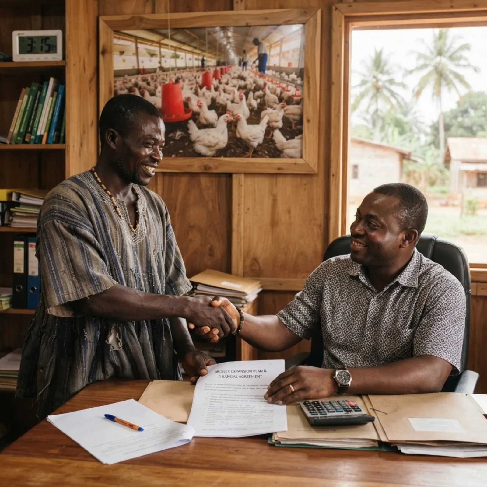 A young Ghanaian poultry entrepreneur signing a subsidised agribusiness loan agreement at a bank desk, a broiler business plan and cedi notes on the table