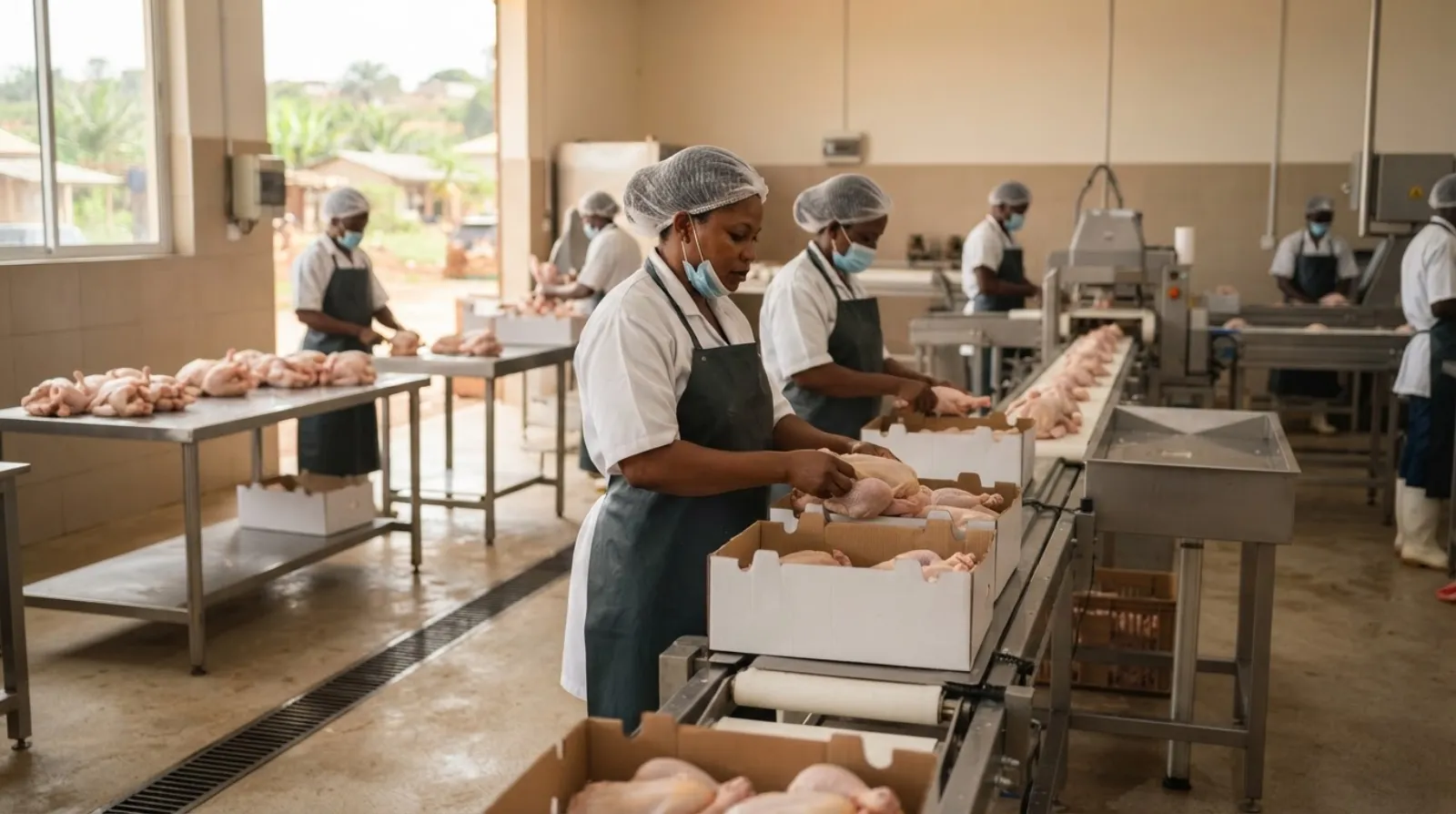 A small certified broiler dressing unit in Ghana with workers in aprons and hairnets processing fresh birds into chilled trays, the missing middle between farm and buyer