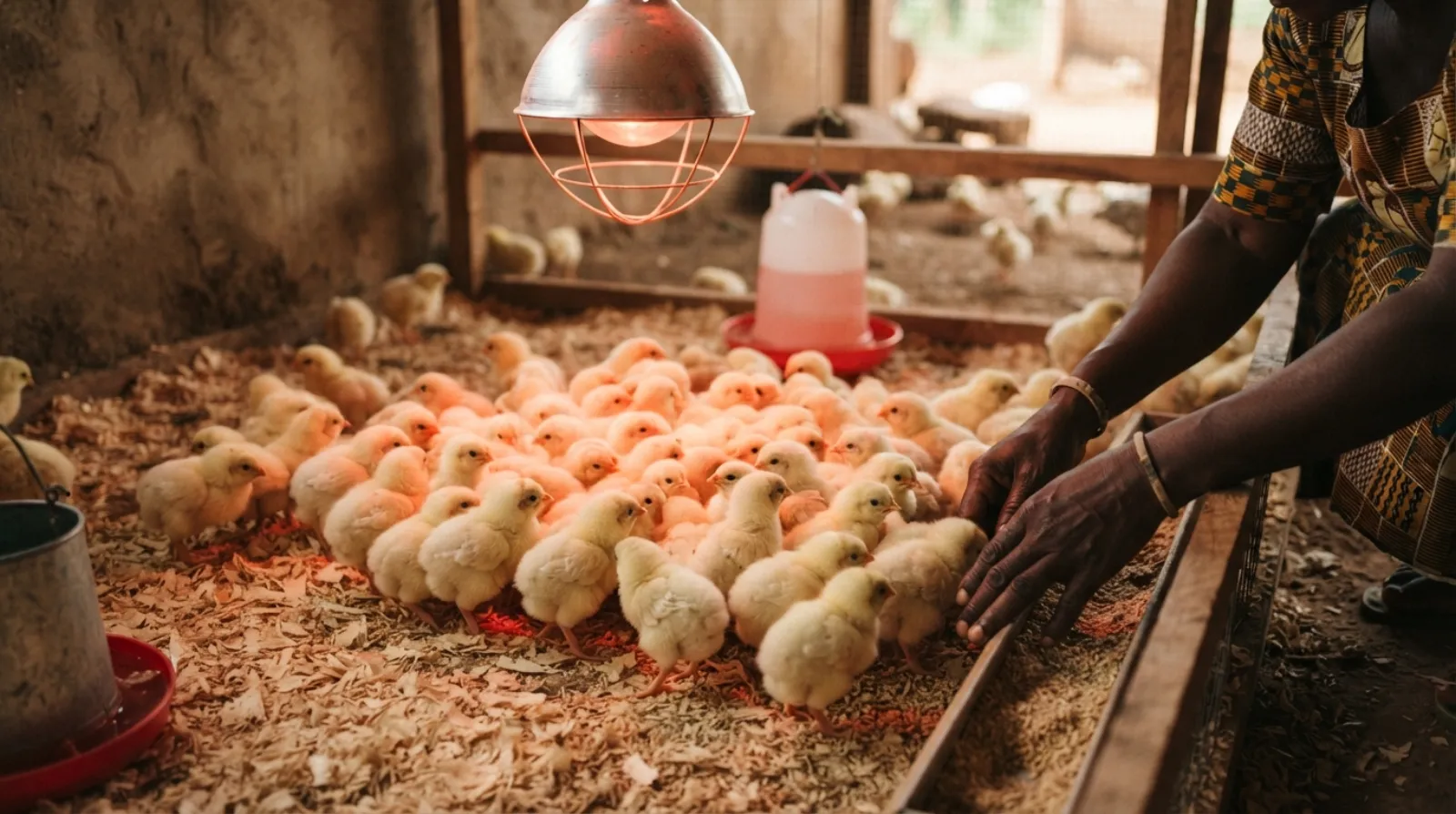 Day-old broiler chicks under a brooder lamp on a Ghanaian poultry farm