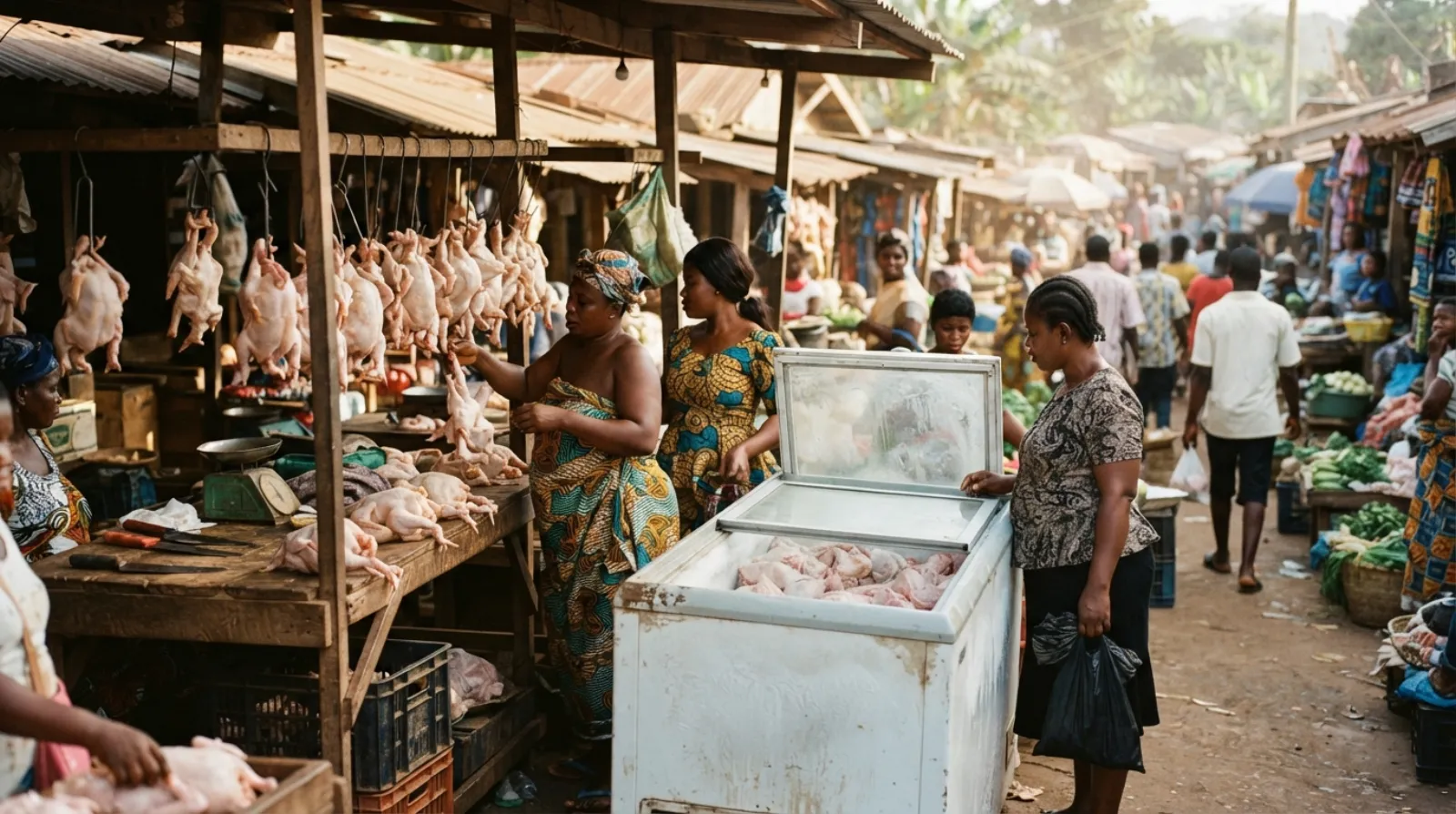 Frozen imported chicken and fresh local birds competing at a Ghanaian market