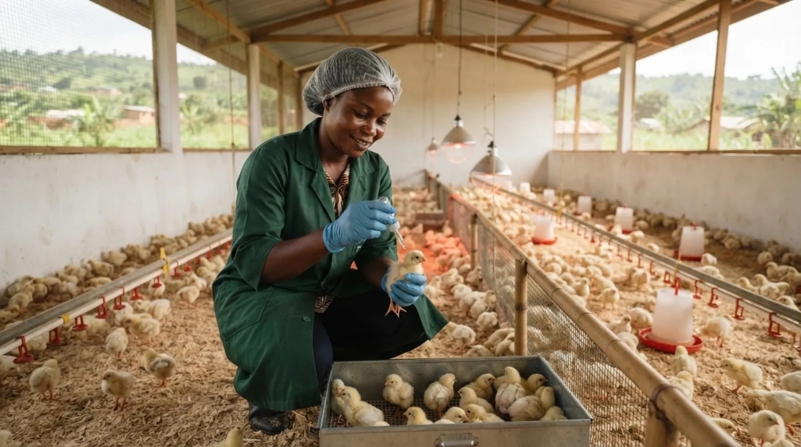A poultry worker vaccinating broiler chicks inside a clean brooding house