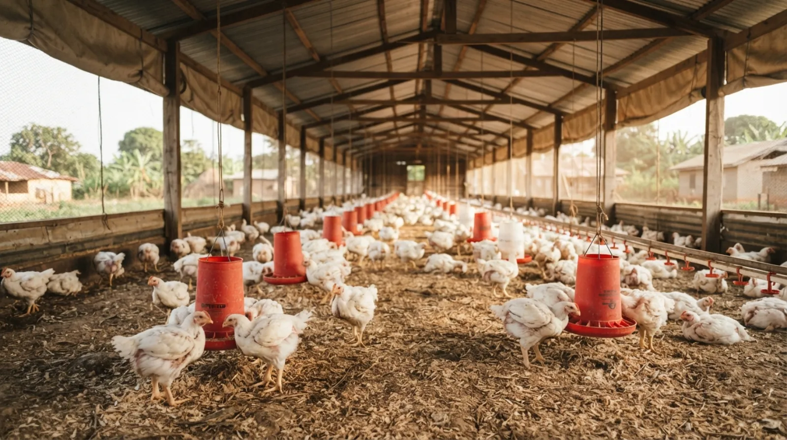 Broilers at market weight in a well-ventilated deep-litter house in Ghana
