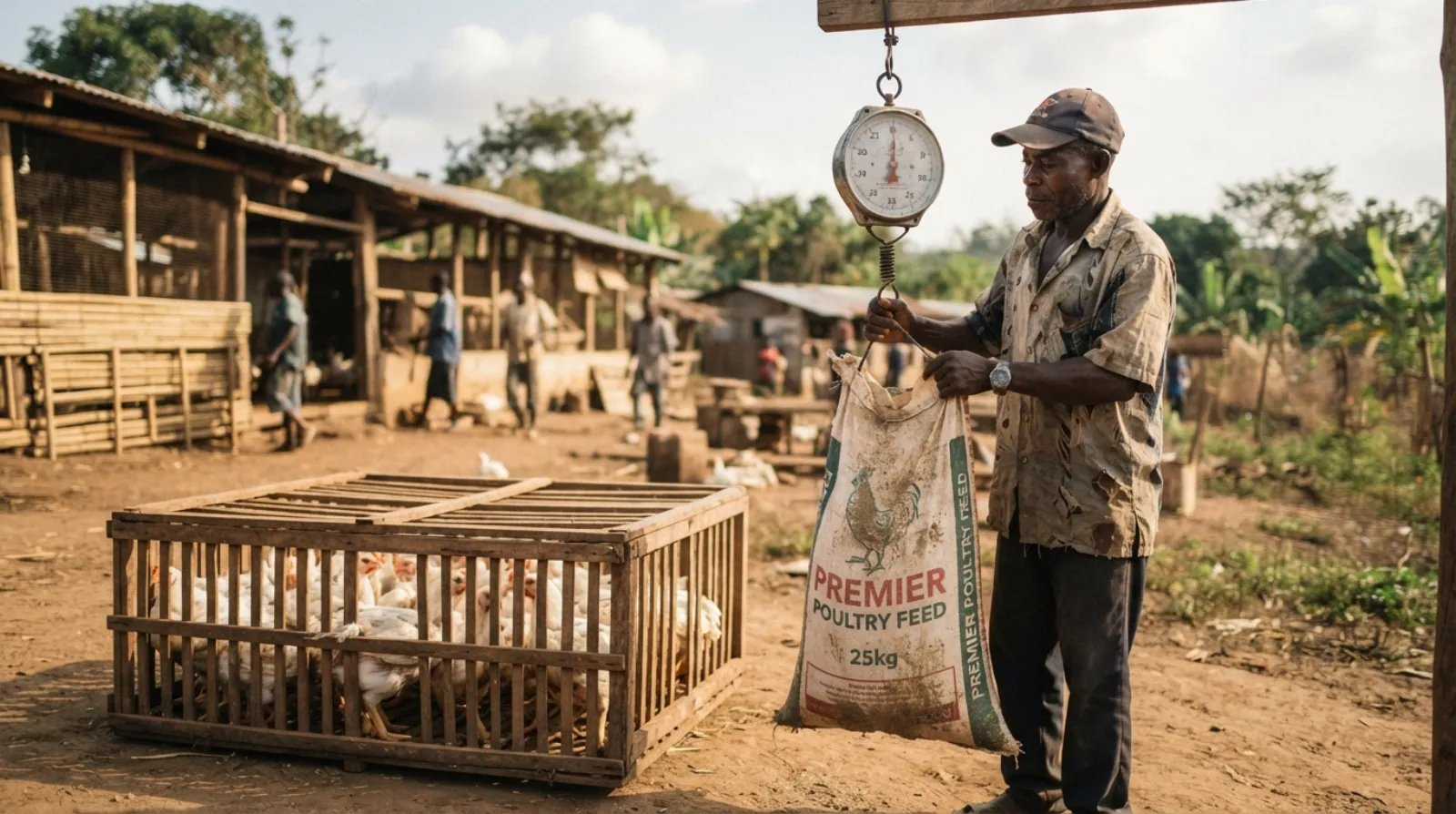 A farmer weighing feed against a batch of market-ready broilers