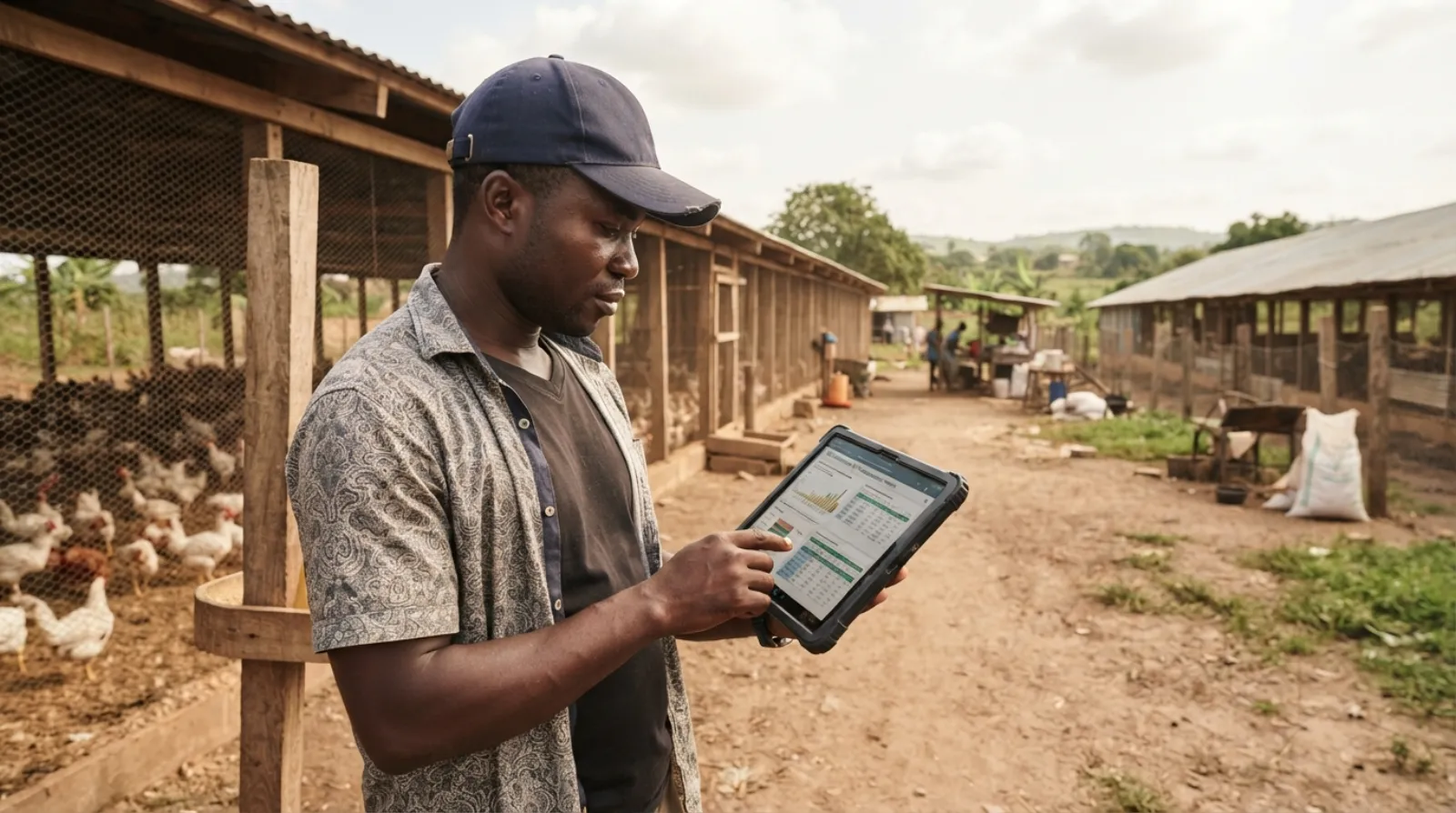 An agribusiness operator reviewing a broiler production and processing plan