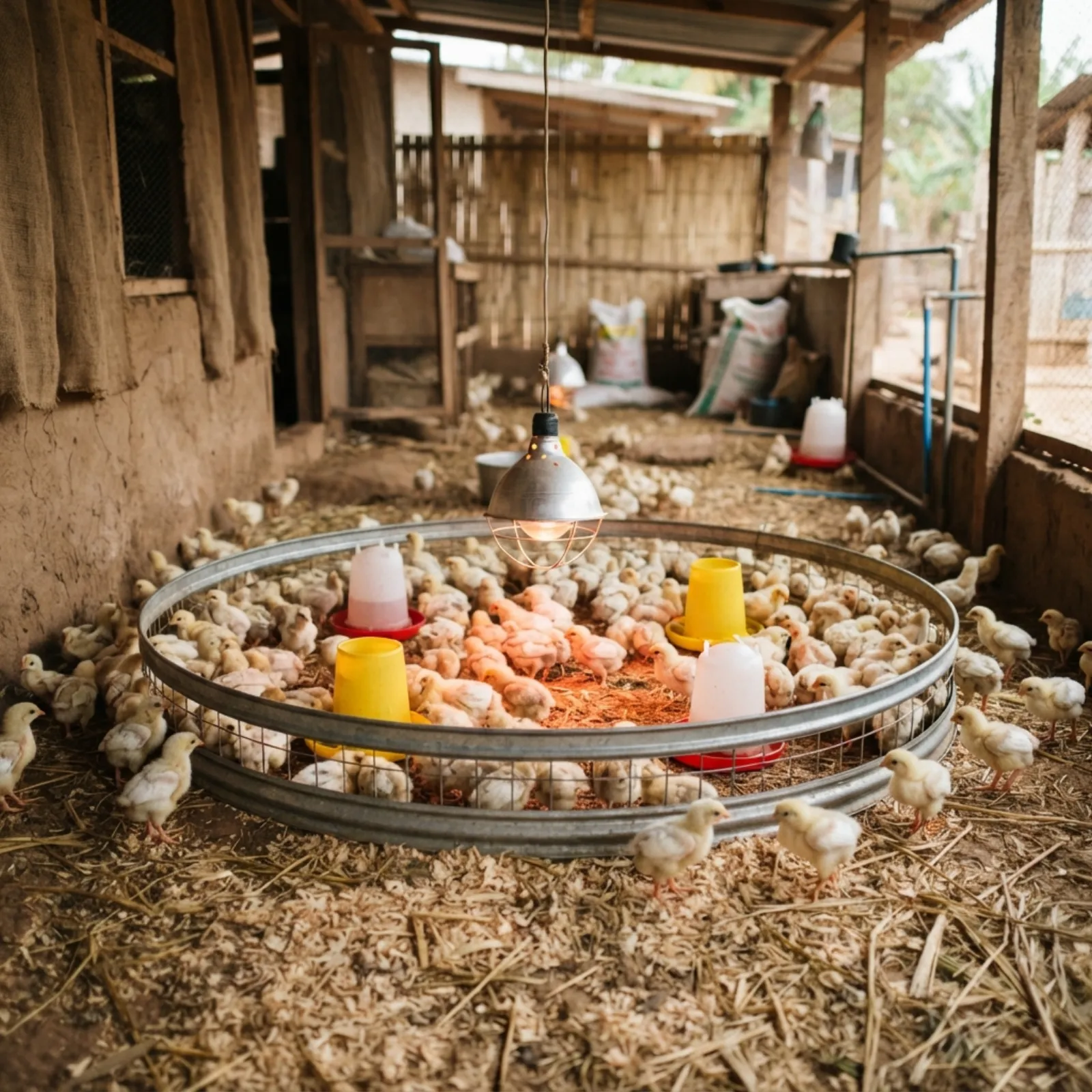 Day-old yellow broiler chicks huddled under a warm brooder inside a guarded brooding ring on fresh litter in a Ghanaian house