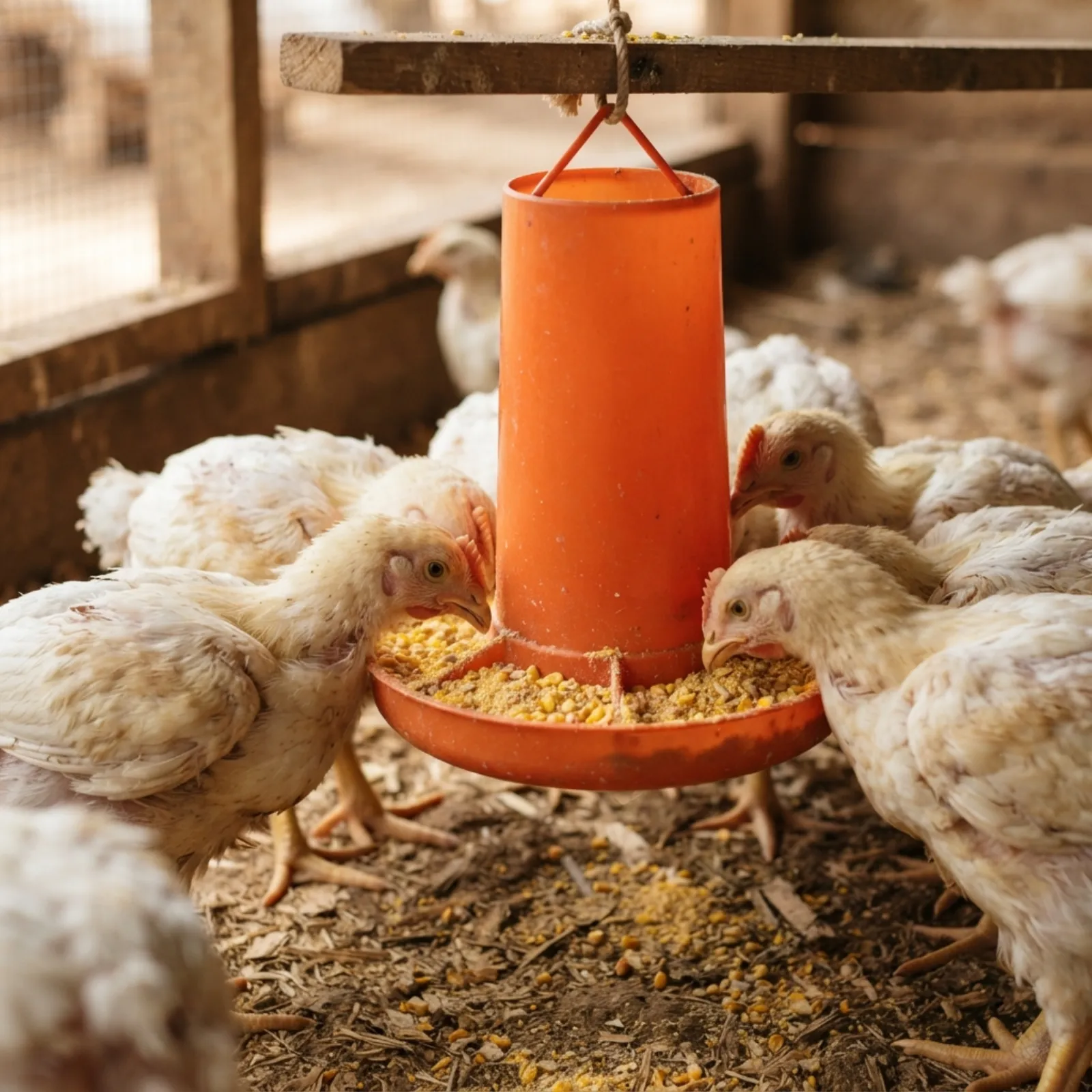 Rows of open tube feeders and drinkers down the length of a Ghanaian broiler house, birds crowding to feed in natural light