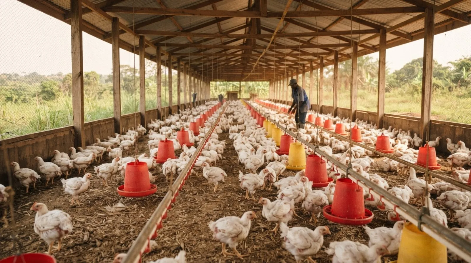 Inside a clean, open-sided Ghanaian broiler house near market weight: uniform white birds, dry litter, open feeders and drinkers, good natural light and airflow