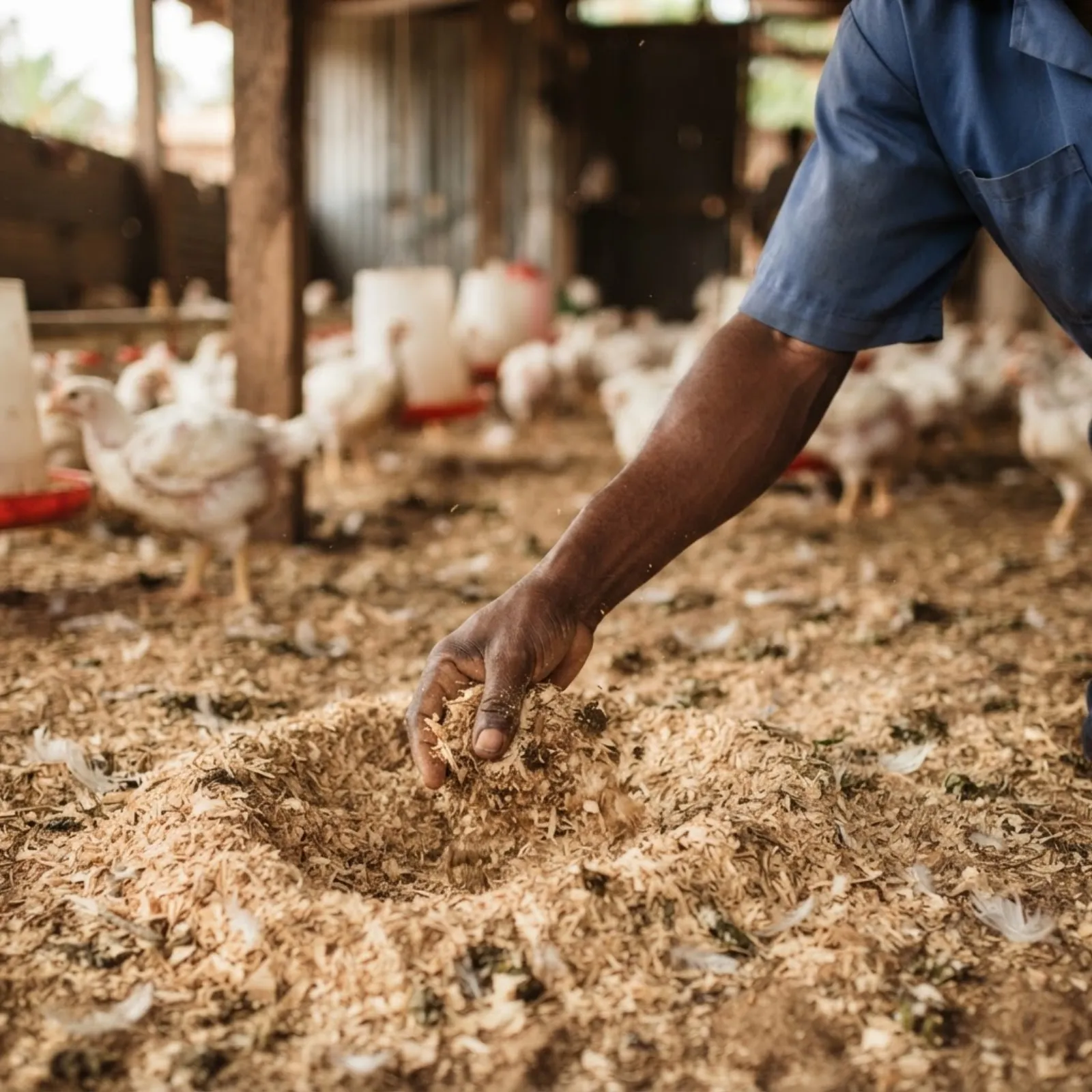 A worker turning and topping up dry wood-shavings litter in an open-sided Ghanaian broiler house, birds on clean bedding with no damp patches