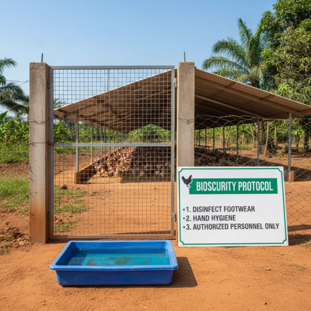 A broiler farm gate with a neglected footbath, showing the gap between biosecurity intention and action