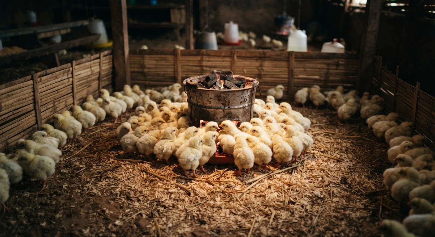 Day-old chicks huddled unevenly around a charcoal brooder in a Ghanaian poultry house, some chilled at the cold edges, documentary photograph