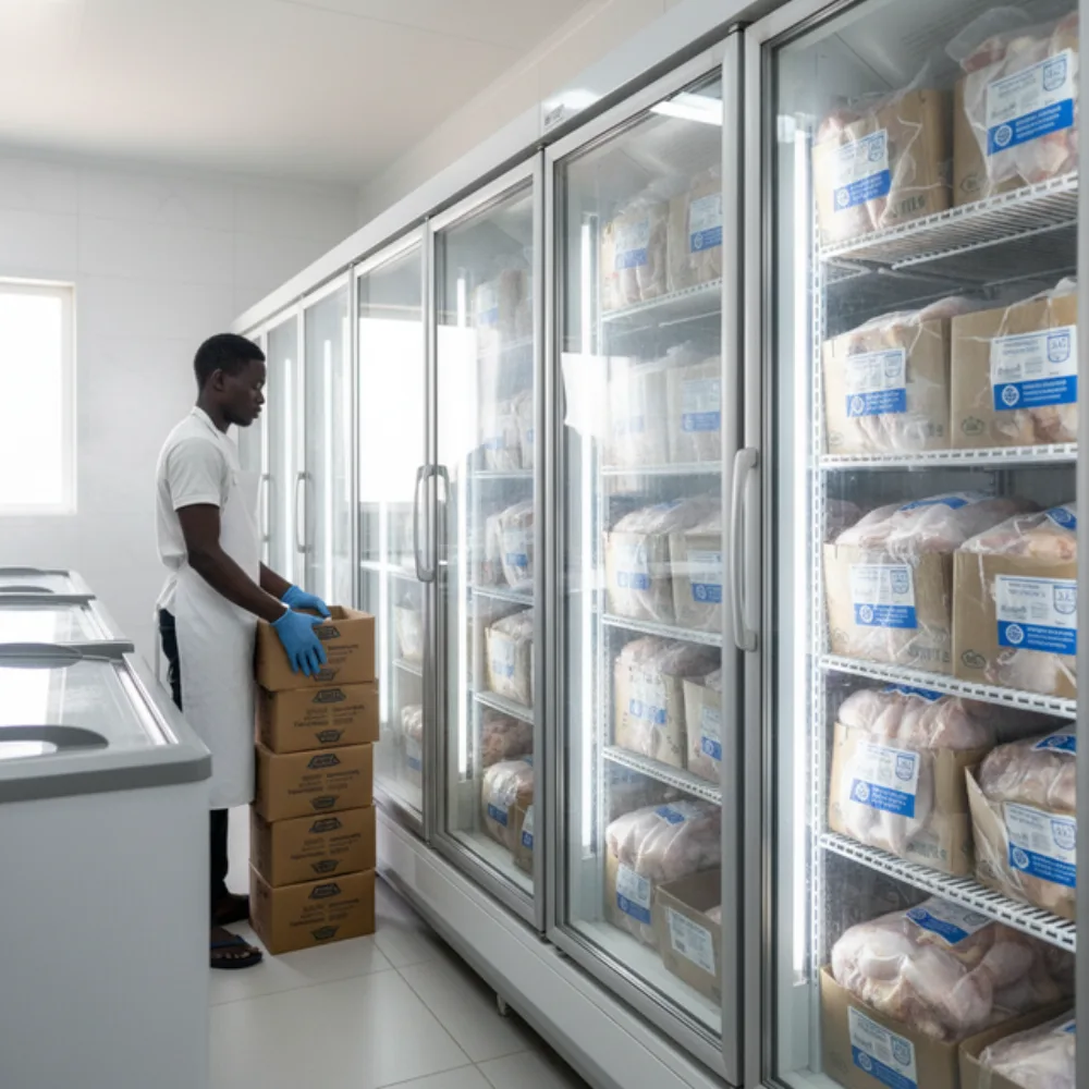Cartons of cheap imported frozen chicken leg quarters flooding a Ghanaian cold store