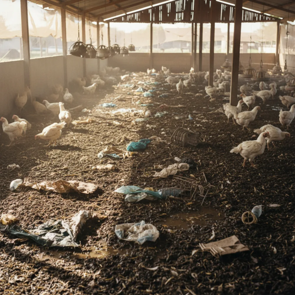 Coccidiosis and wet litter damaging the gut and slowing growth in a broiler house