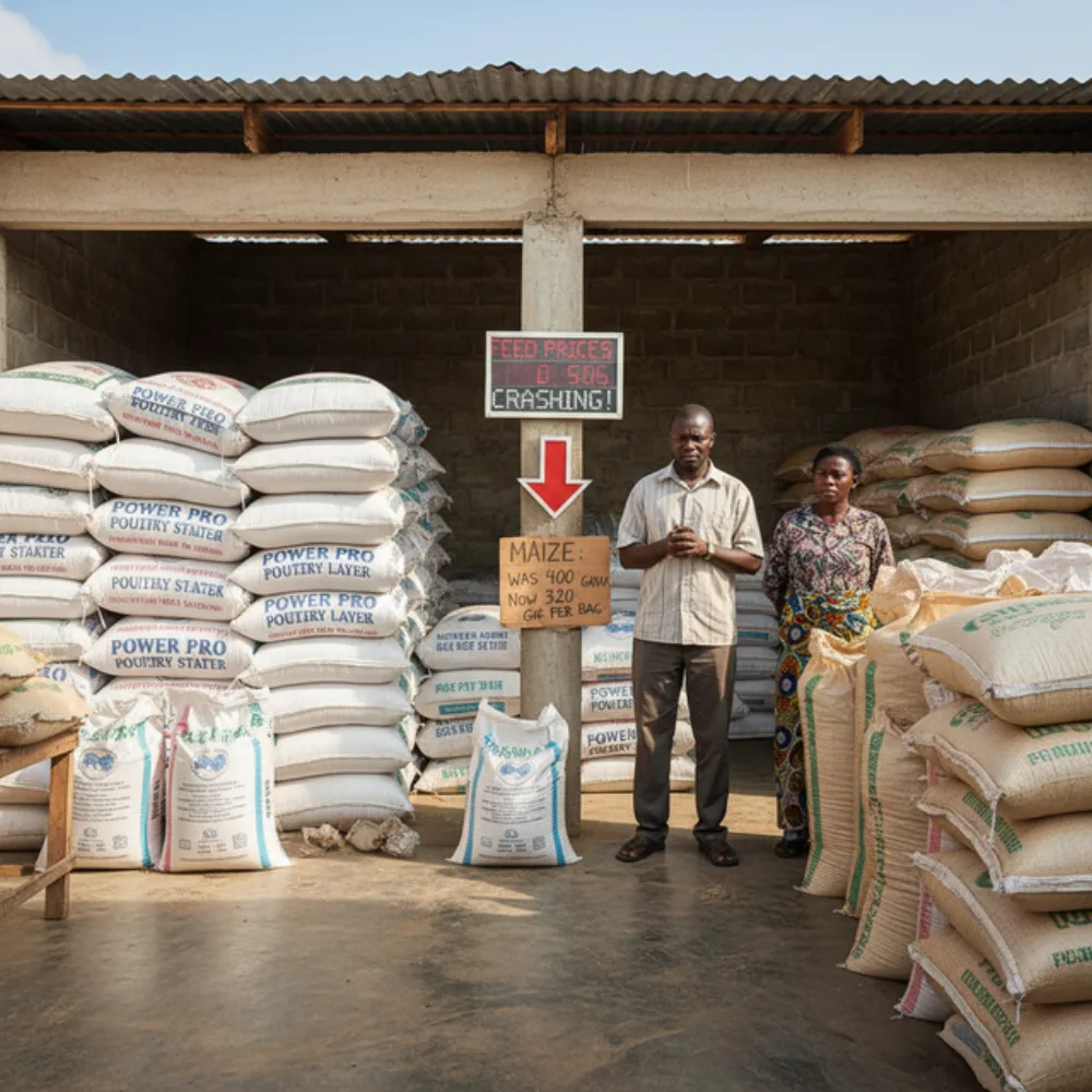 Sacks of broiler feed and maize stacked at a Ghanaian farm store with a rising price board, a farmer counting cost, documentary photograph