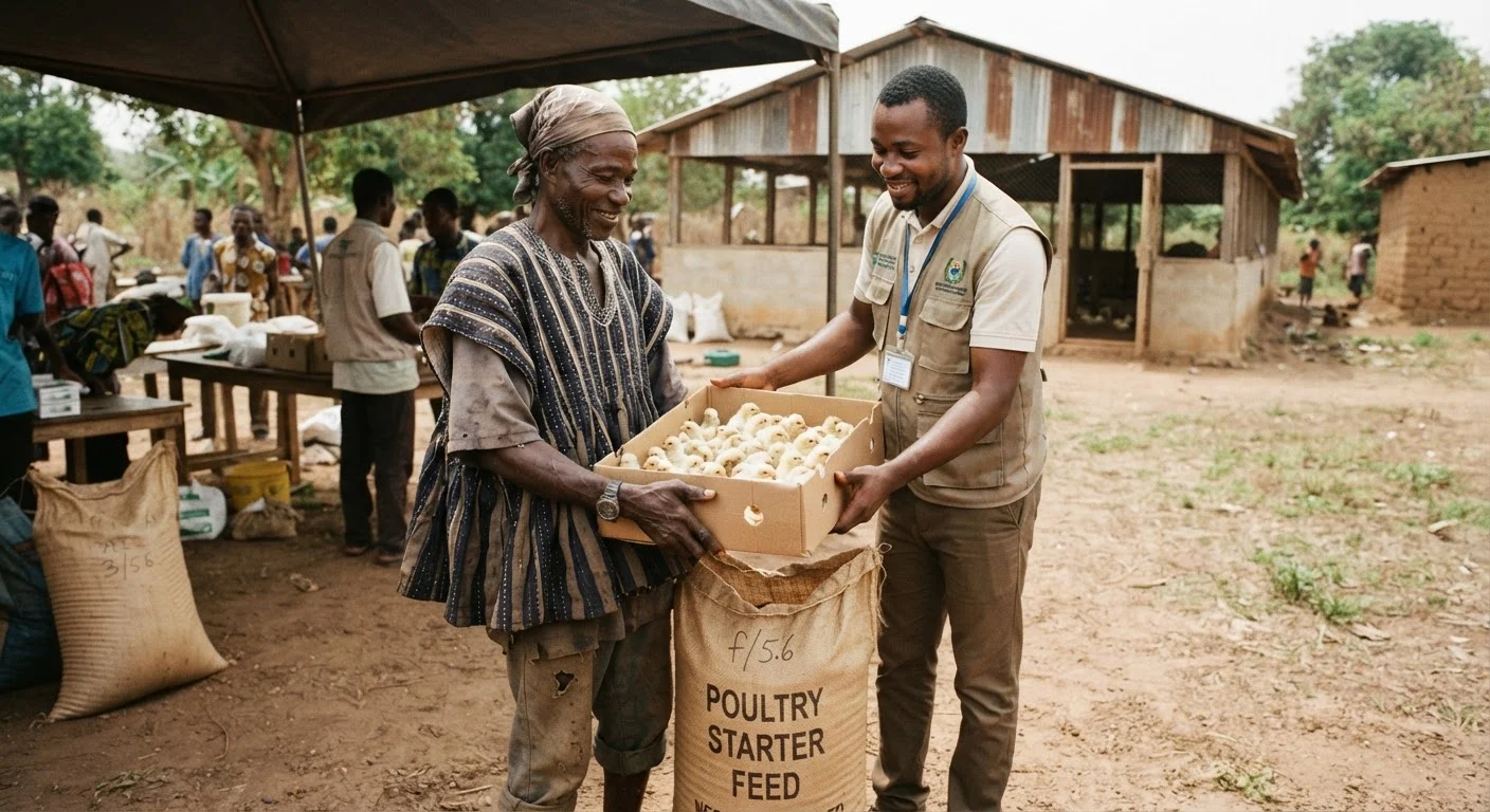 A Ghanaian farmer receiving free government-distributed day-old chicks and feed sacks at a programme handout, an empty shed behind, documentary photograph