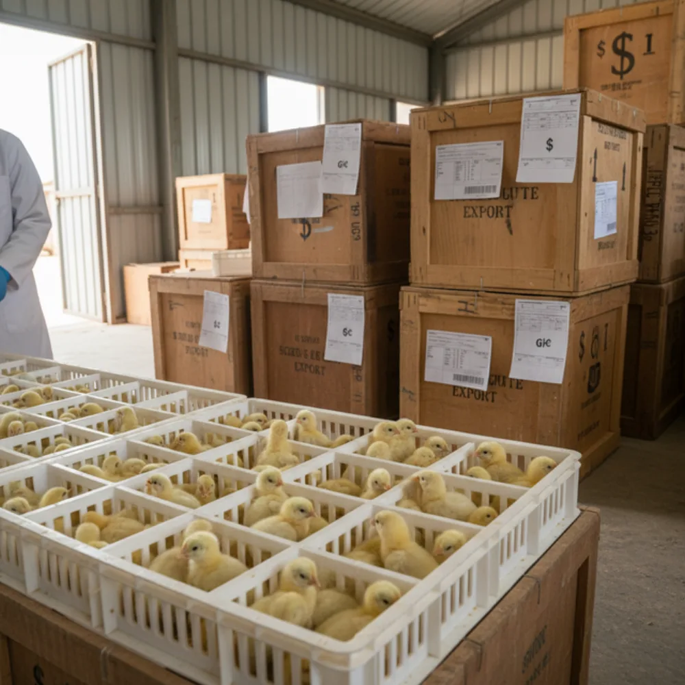 Imported day-old chicks and feed sacks beside a currency-exchange board in Ghana, showing the dollar-priced inputs behind a broiler cycle, documentary photograph
