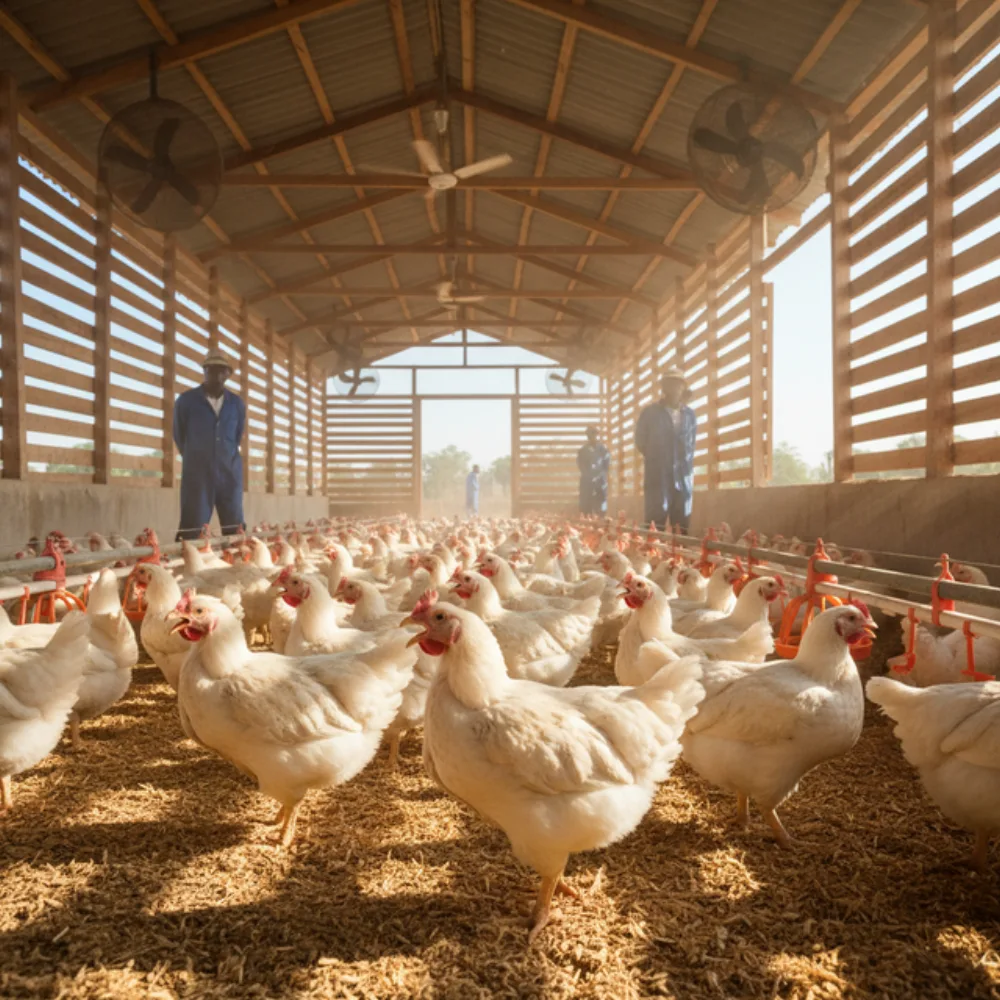 Broilers panting under heat stress in a poorly ventilated tropical house
