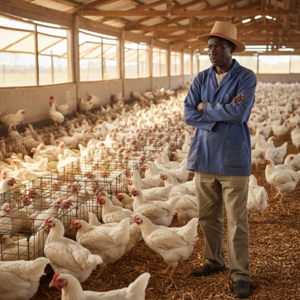A Ghanaian broiler farmer beside mature birds at the farm gate with no processor to take them