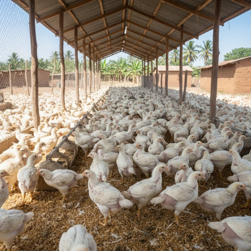 An overcrowded broiler house with birds packed above safe stocking density