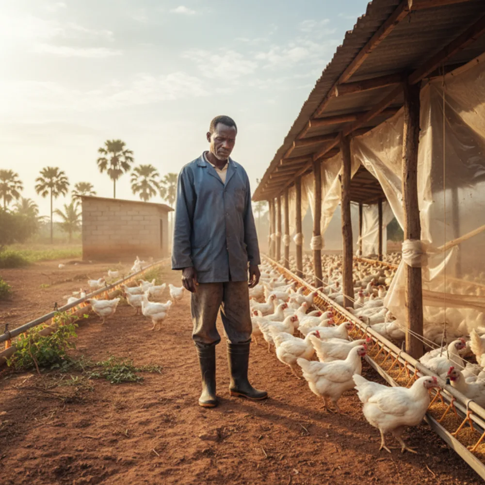 A Ghanaian poultry trader weighing dressed chickens at a market stall, a narrow spread between cost and price written on a chalkboard, documentary photograph