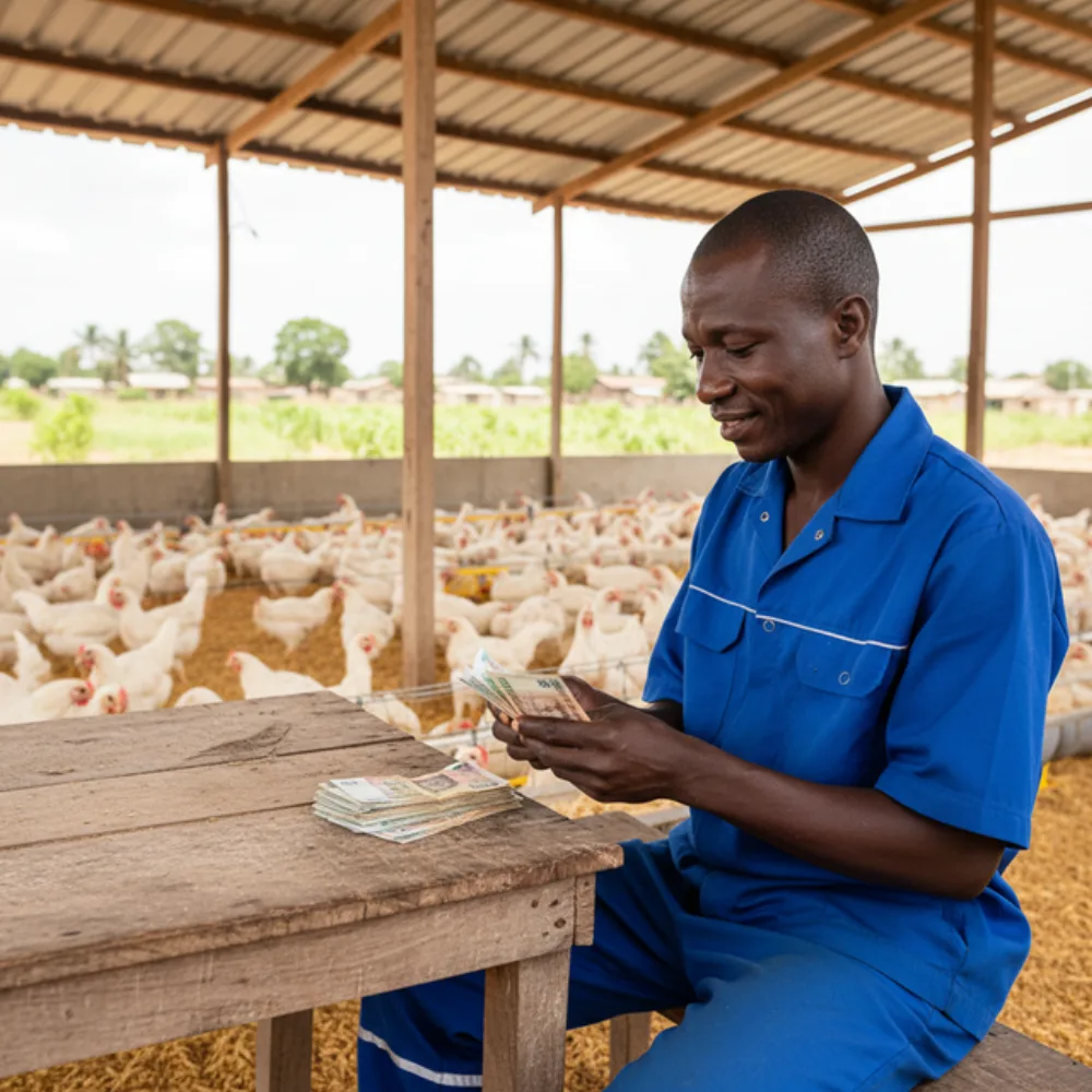 A Ghanaian broiler farmer with an empty cash box in front of a shed full of half-grown birds still weeks from sale, documentary photograph