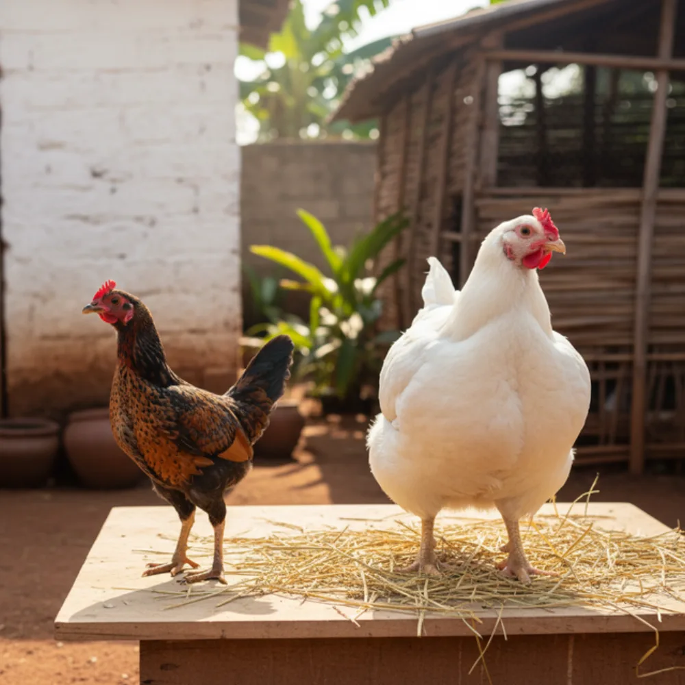 A slow-growing dual-purpose bird placed as if it were a fast commercial broiler