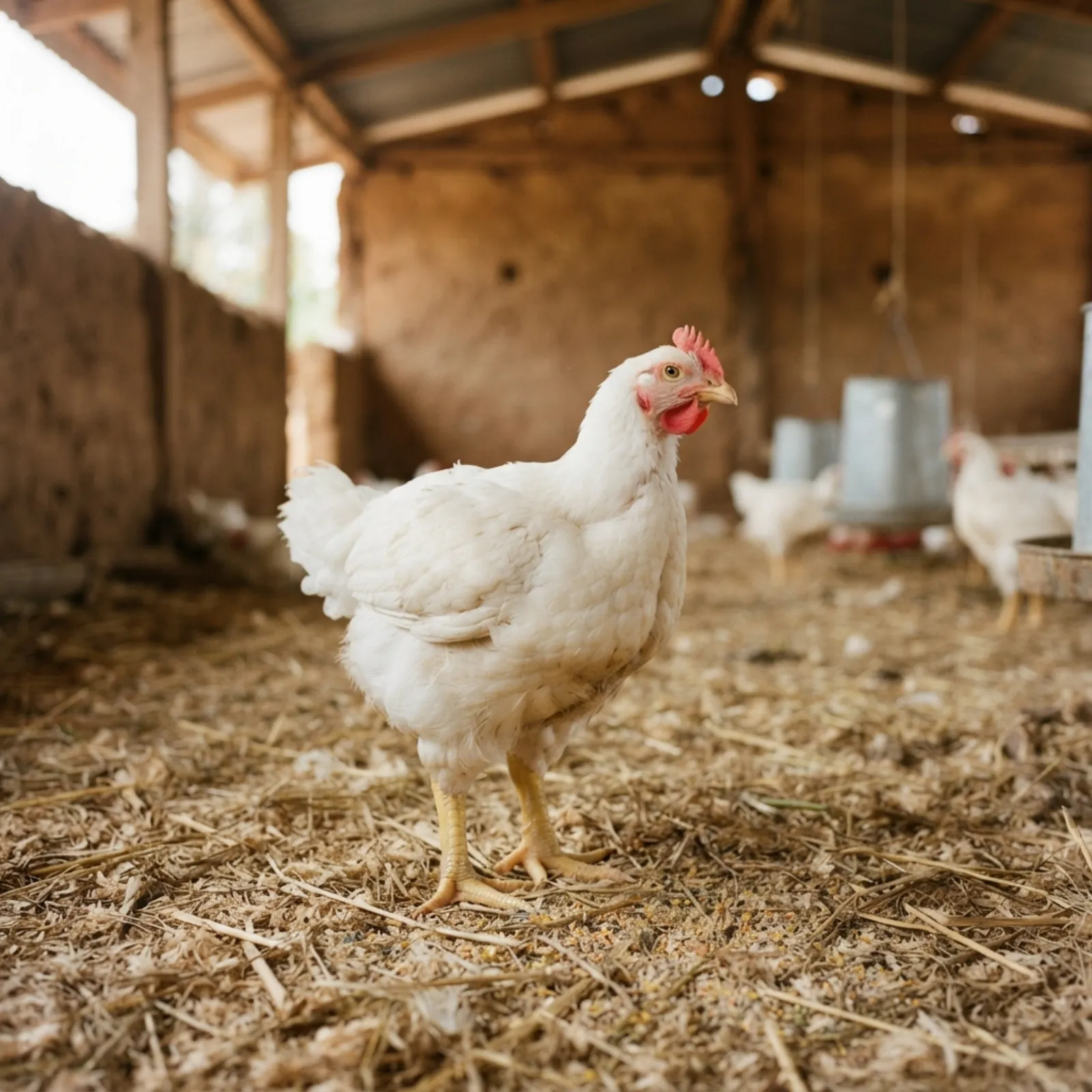 A market-weight broiler being weighed on a hanging farm scale in Ghana