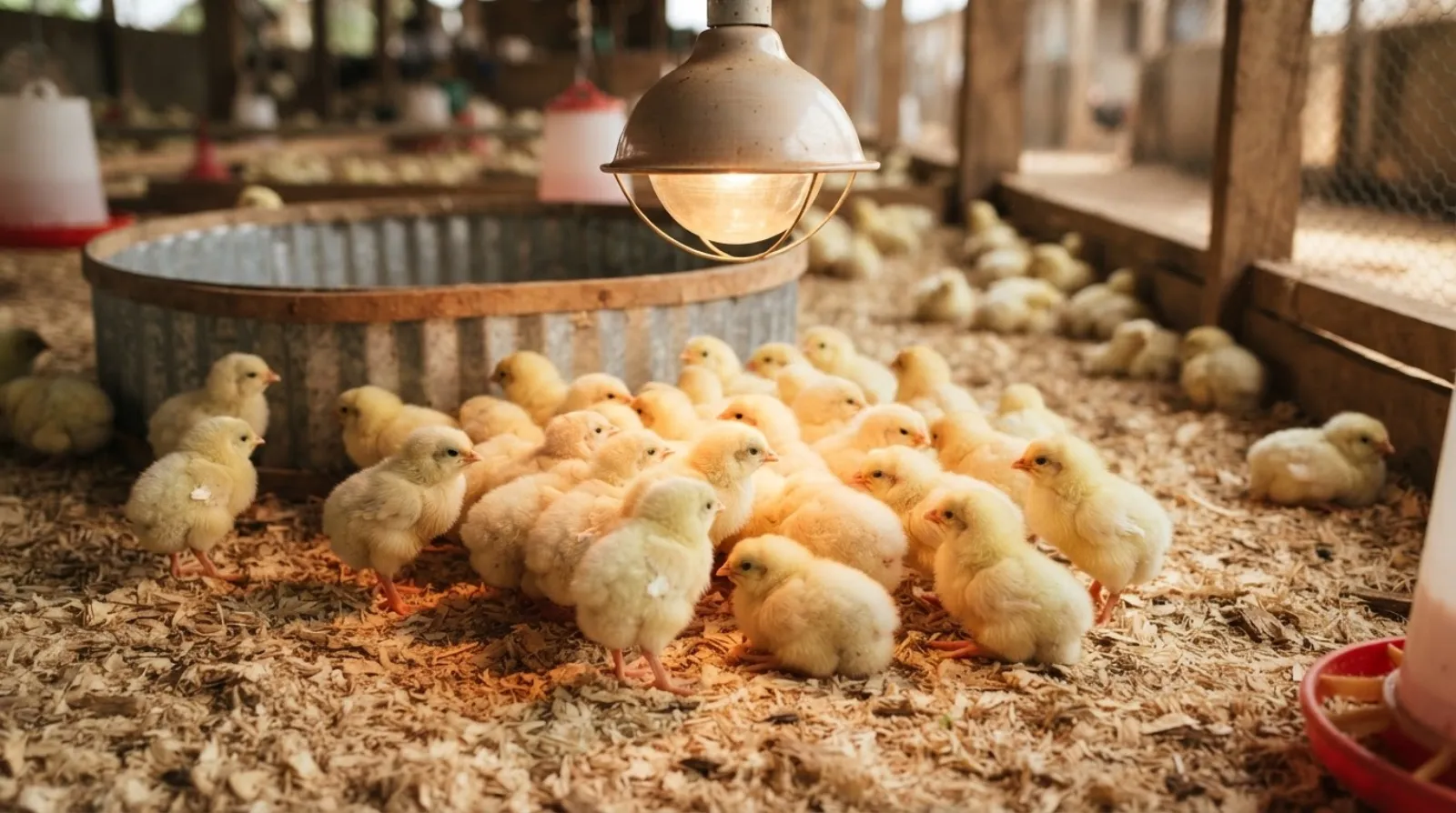 Day-old broiler chicks huddled under a warm brooder lamp on fresh wood-shavings litter in a Ghanaian poultry house