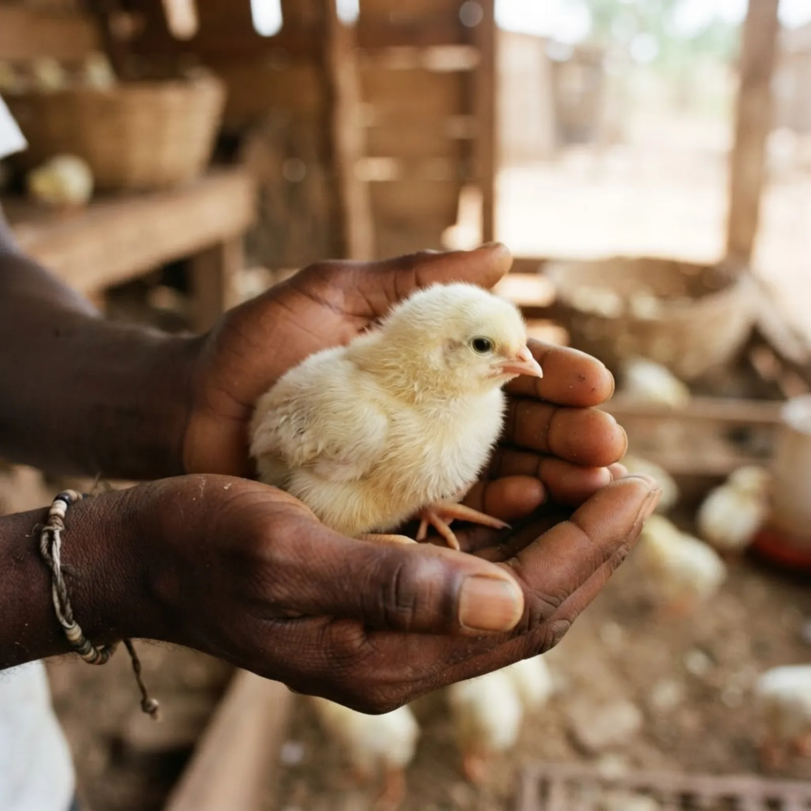 Two trays of day-old chicks side by side, one bright-eyed active and uniform, the other dull uneven and lethargic