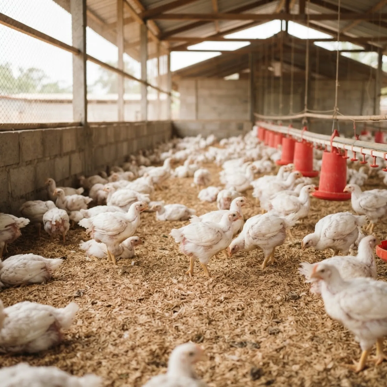 A flock of white commercial broilers at six weeks feeding in a clean open-sided house in Ghana