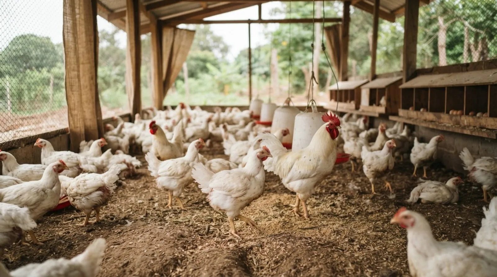 Imported broiler breeder parent-stock birds in a Ghanaian breeder farm that supplies fertile eggs