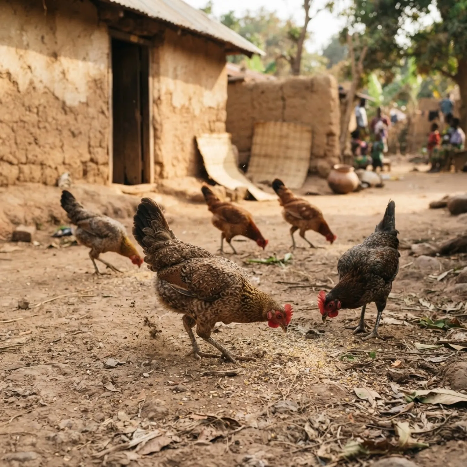 A smallholder tending hardy local dual-purpose chickens in a rural Ghanaian village compound