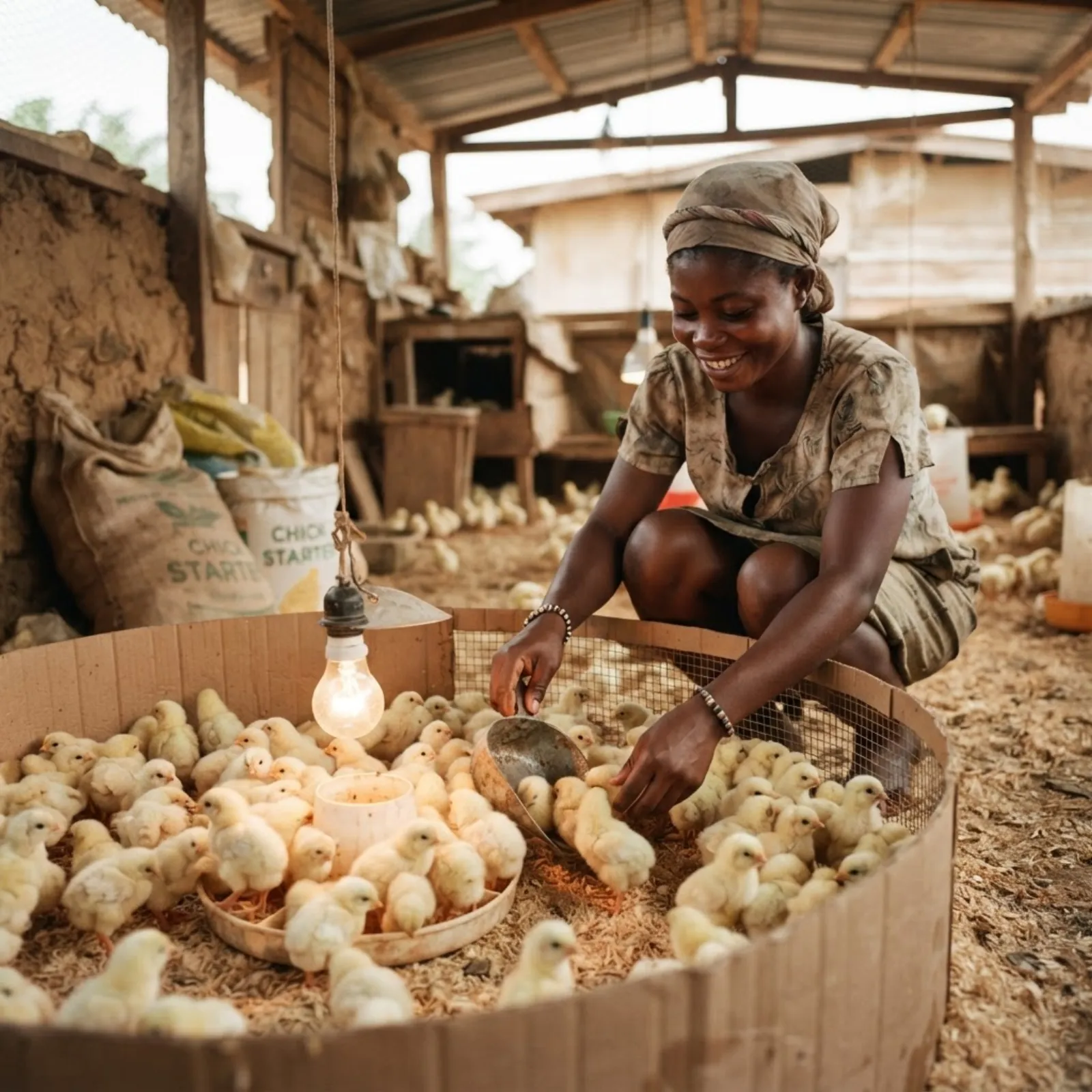 A brightly lit Ghanaian broiler brooder house with day-old chicks under heat lamps and an attentive young farmer