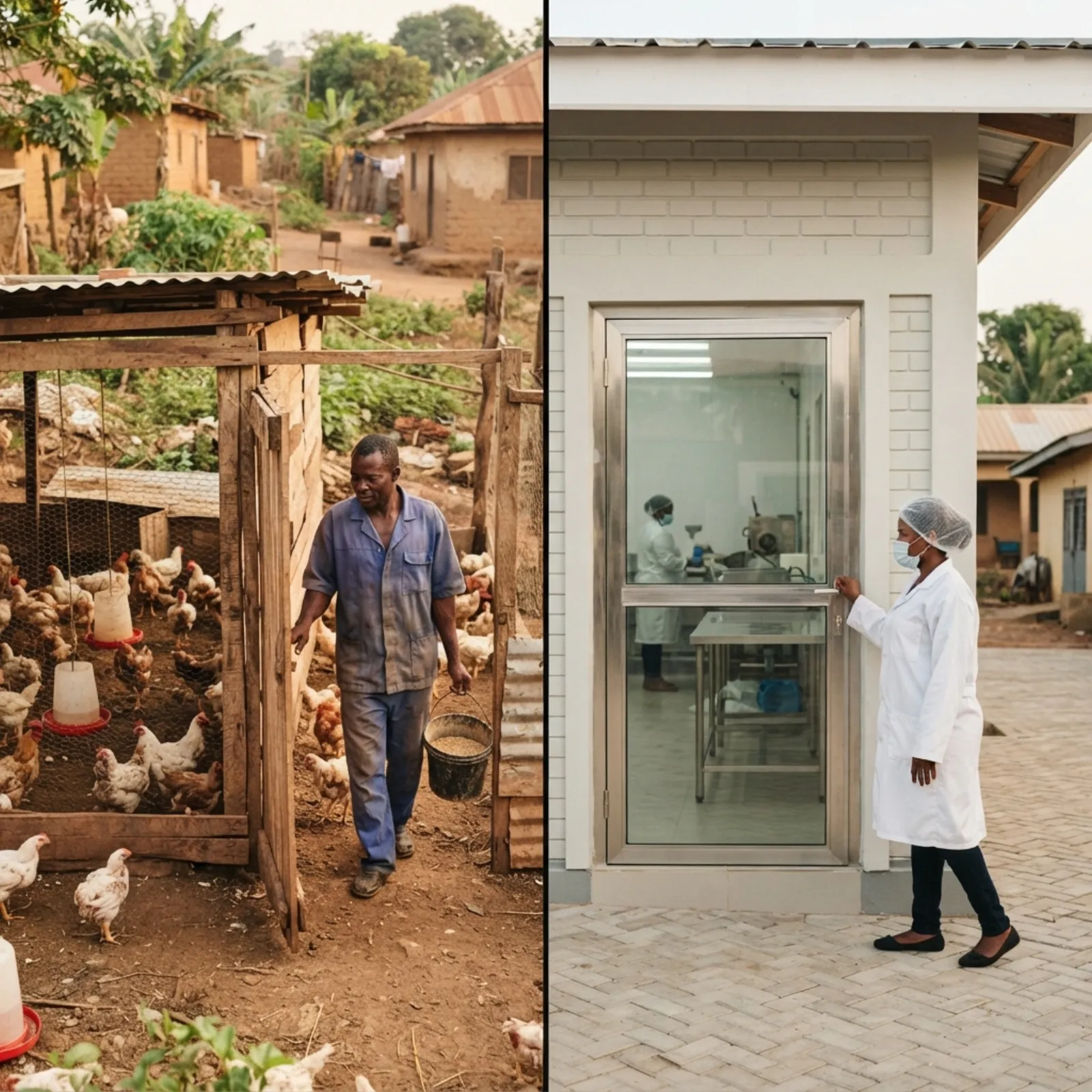 A Ghanaian agribusiness entrepreneur planning a poultry aggregation and cold-chain venture with a confirmed buyer, tablet in hand