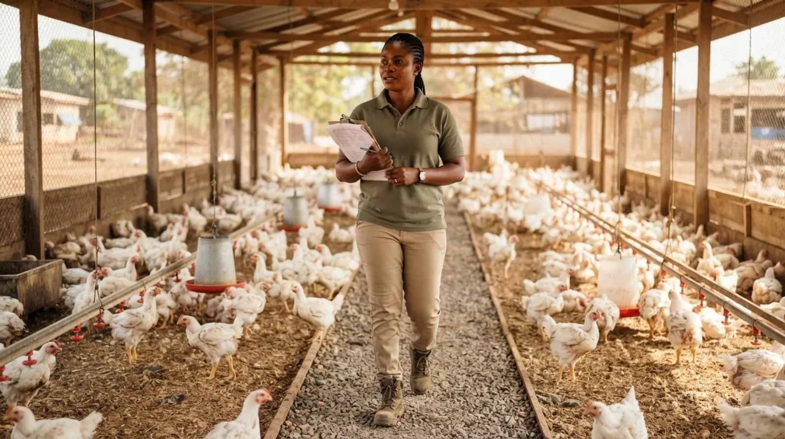 A Ghanaian poultry sector strategist reviewing broiler market charts and budget plans at the edge of a modern broiler farm