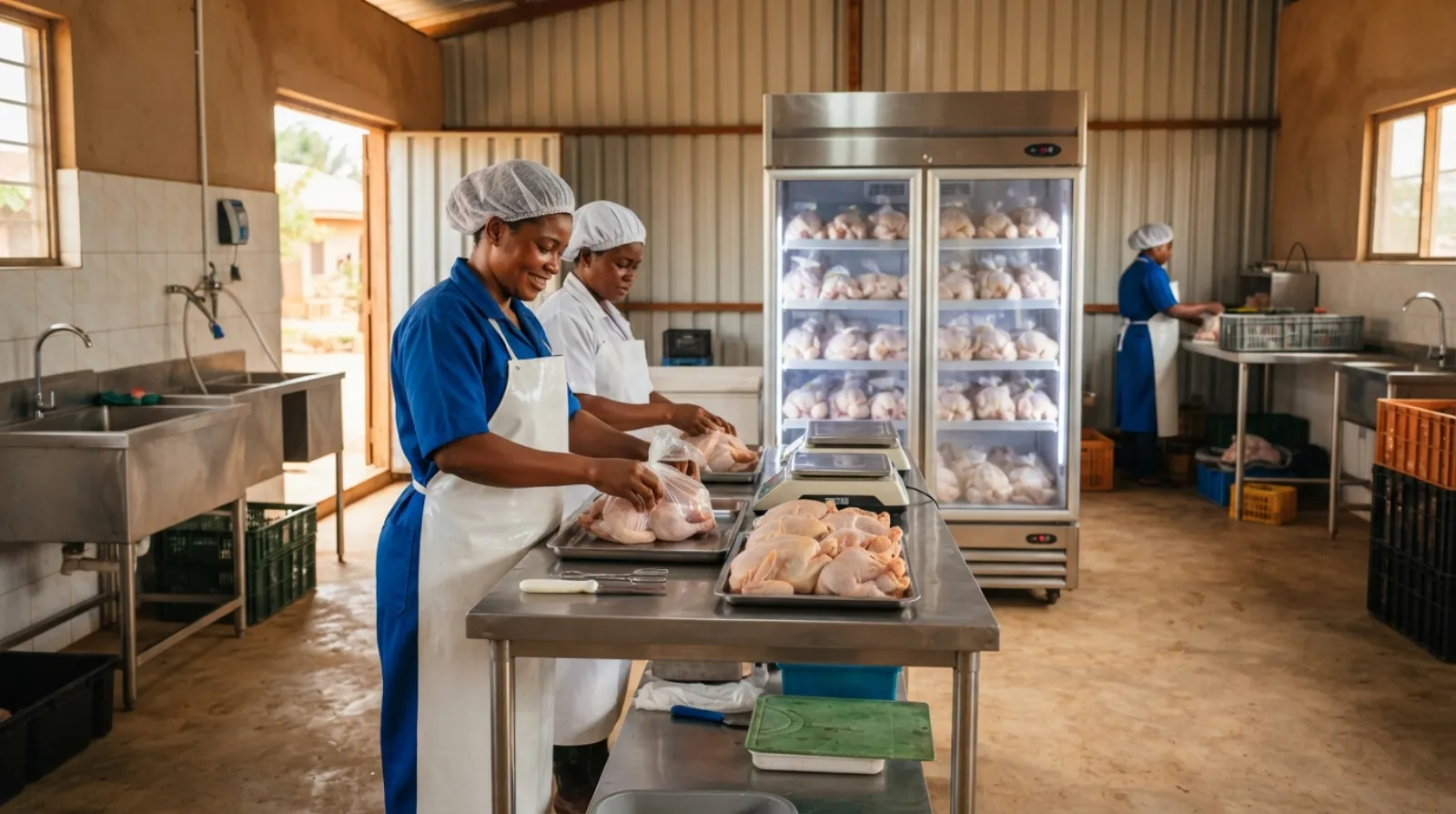 A modern Ghanaian poultry processing plant with a cold-chain line turning fresh broilers into packaged chicken