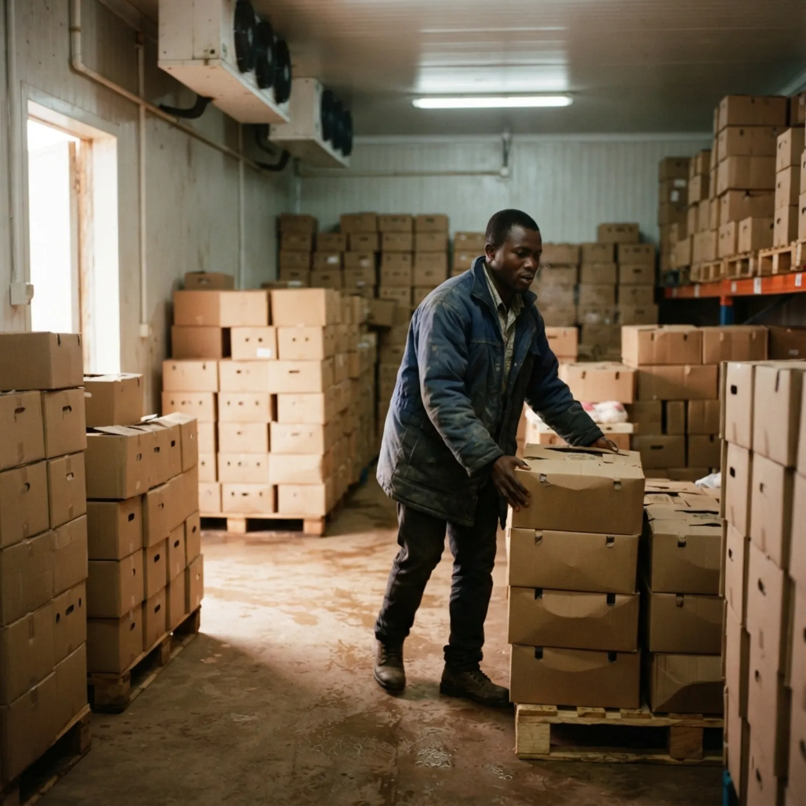 Stacked cartons of imported frozen chicken in a Ghanaian cold store, frost on the boxes, a worker in a padded jacket