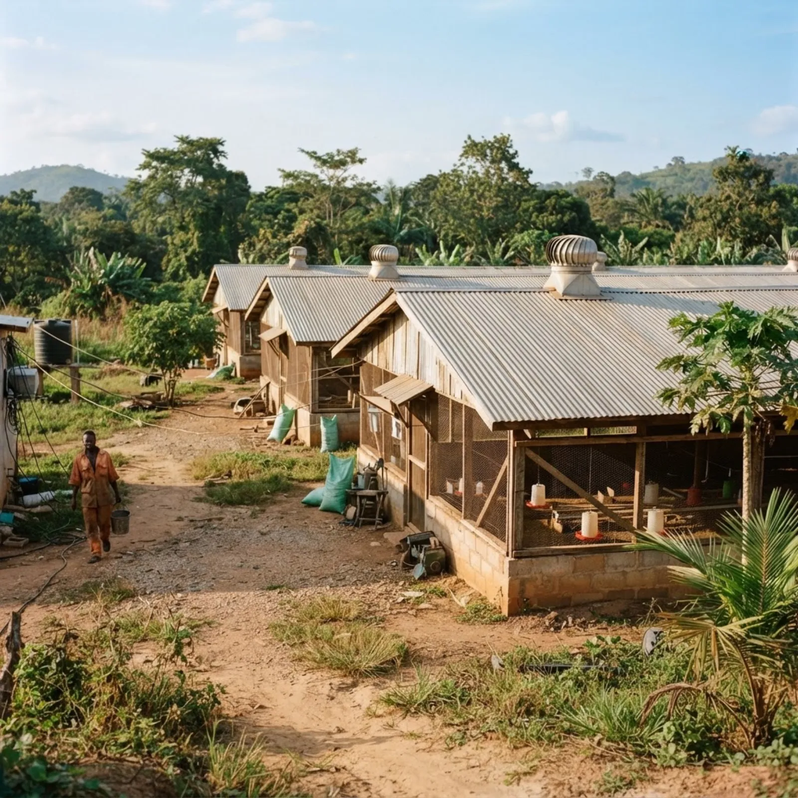 A commercial broiler house in Ghana with thousands of white broilers near market weight under warm shed lighting