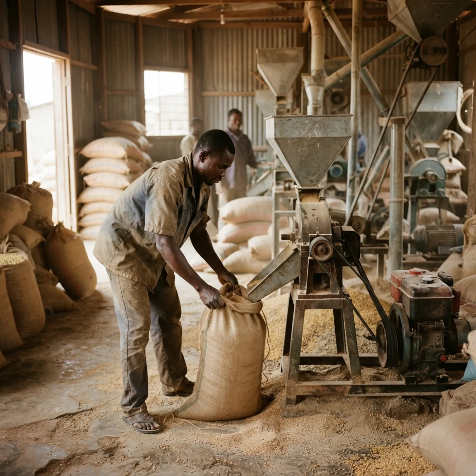 A Ghanaian poultry feed mill with sacks of maize and soya, augers and mixing silos, workers bagging finished broiler feed