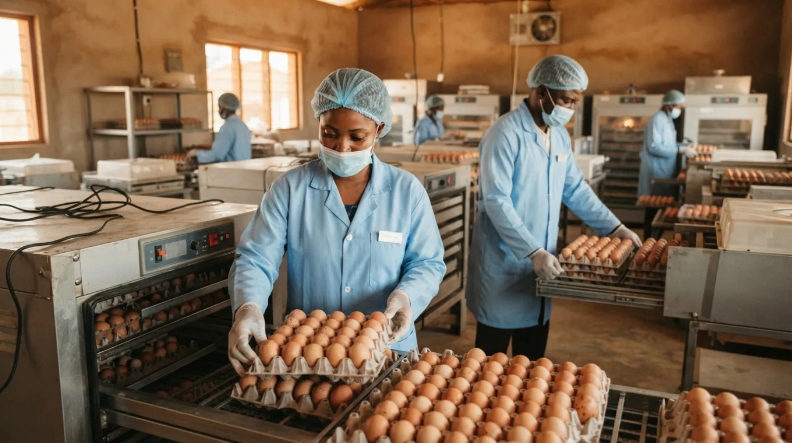 A Ghanaian poultry hatchery with trays of day-old broiler chicks under warm incubator light, workers in coats sorting chicks