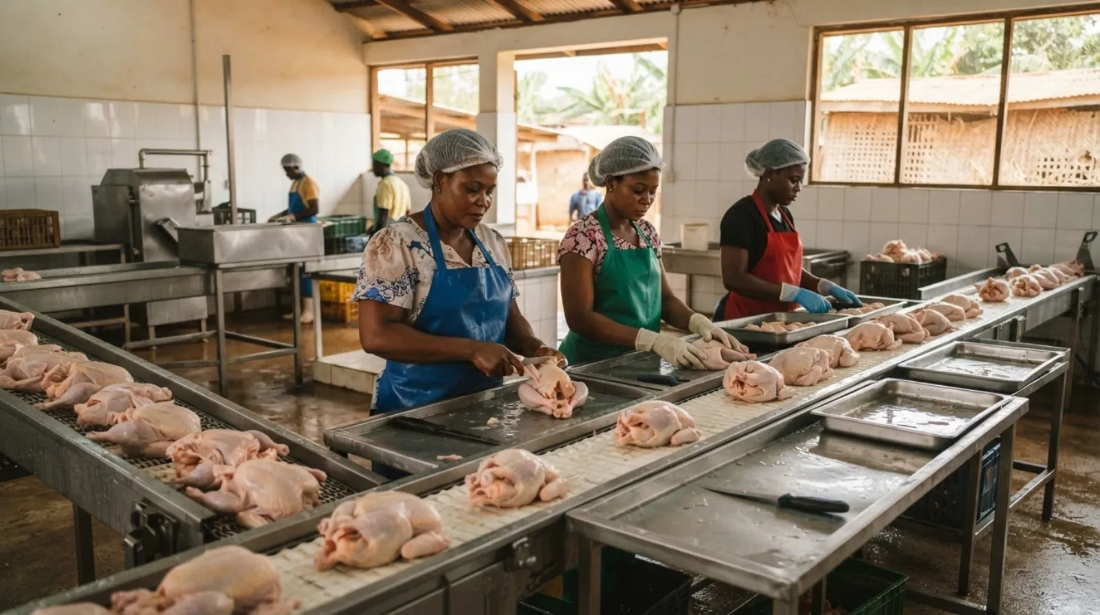 Inside a small hygienic Ghanaian broiler processing unit, stainless tables, workers in aprons and gloves dressing birds into standard cuts, a chiller behind