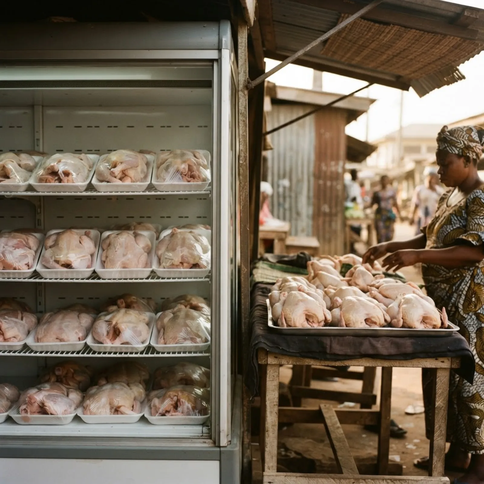 A Ghanaian open-market poultry stall selling freshly dressed local chicken, a vendor handing a bird to a customer