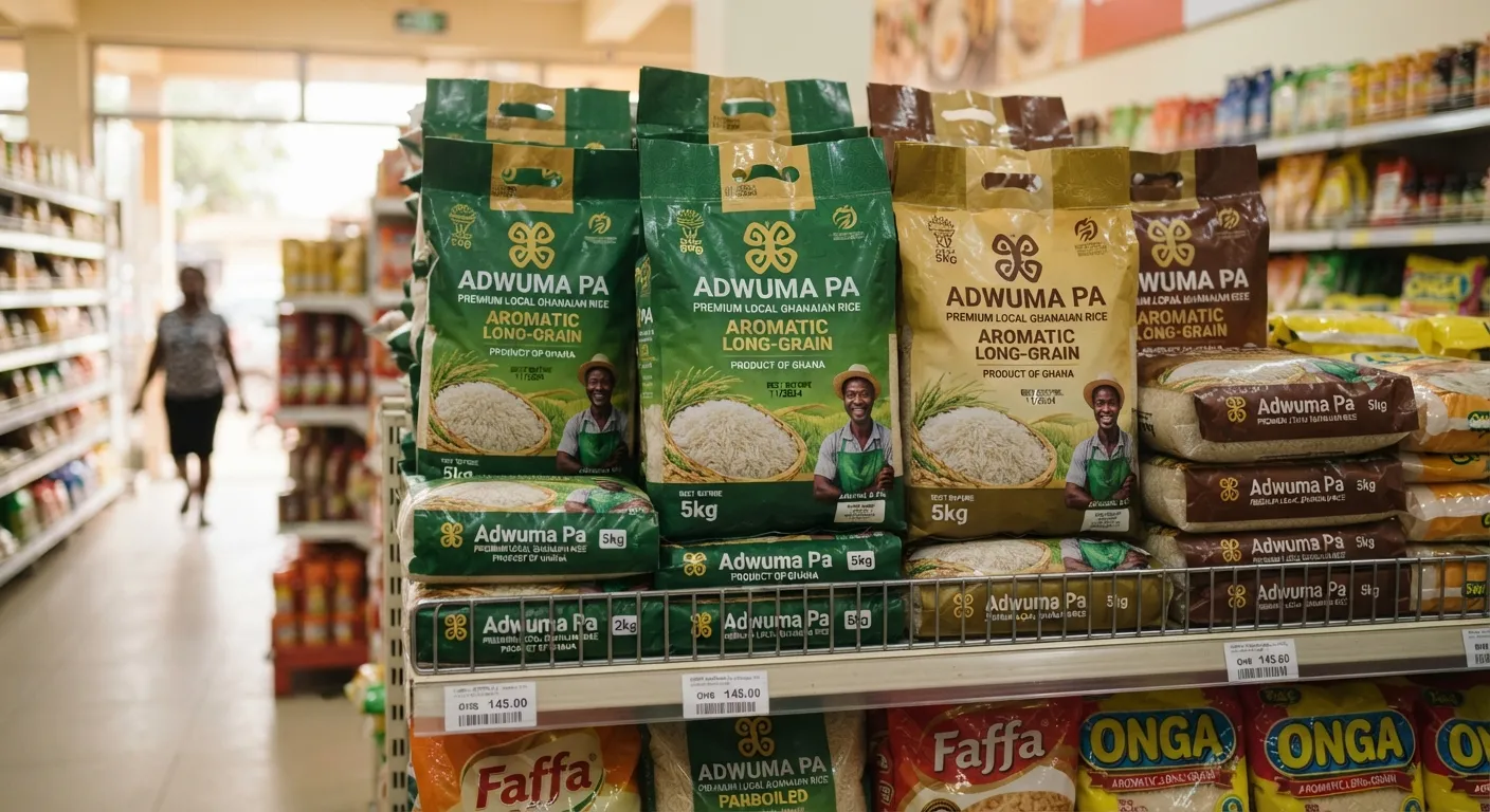 Branded packs of premium local Ghanaian rice stacked on a retail shelf