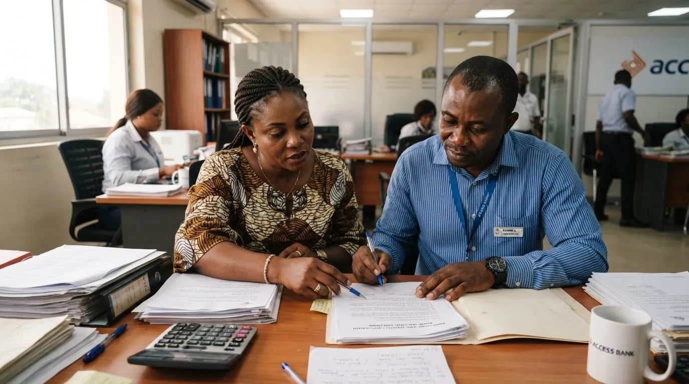 A Ghanaian entrepreneur and a loan officer reviewing agribusiness finance paperwork and a business plan