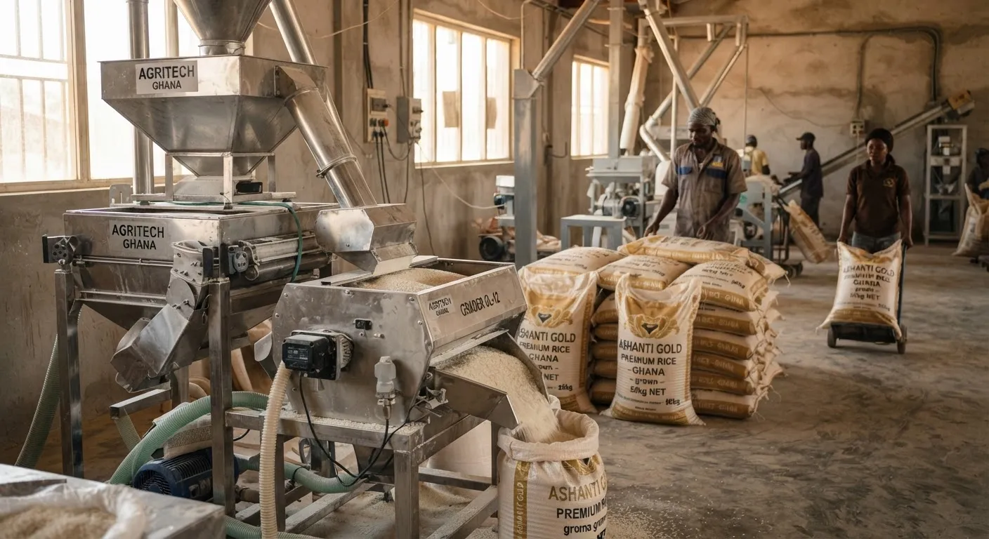 Inside a Ghanaian rice mill, machinery cleaning and grading rice