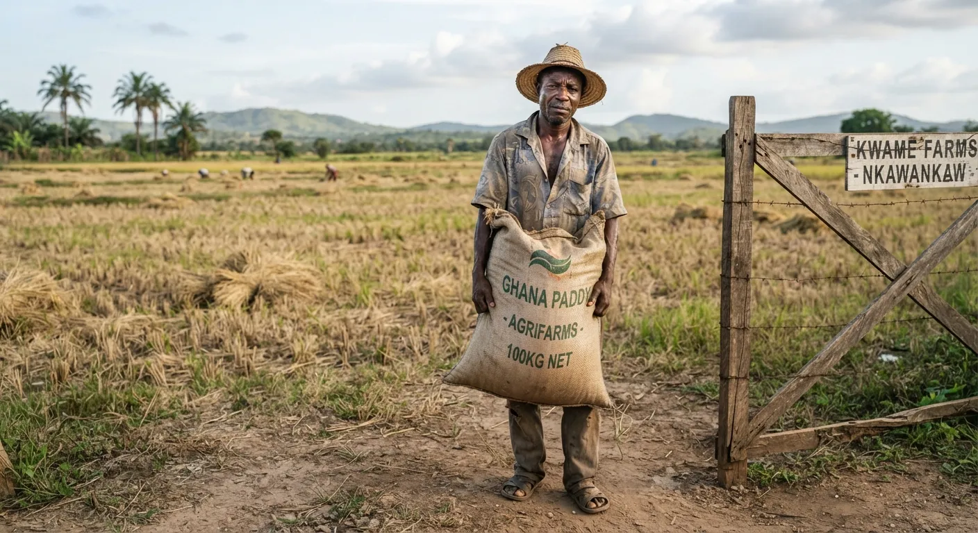A Ghanaian rice farmer at the farm gate with a sack of raw paddy beside a harvested field