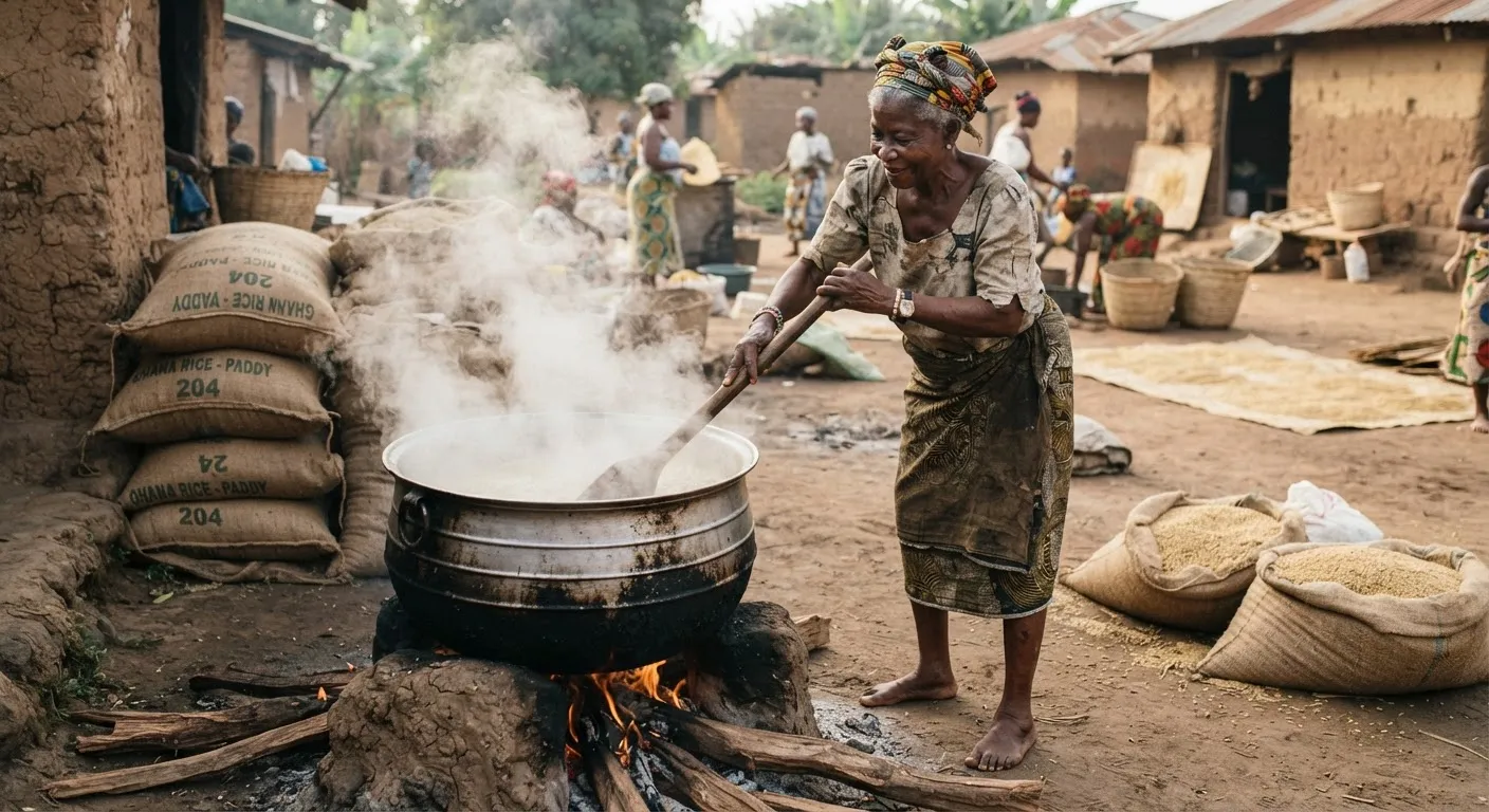A Ghanaian woman parboiling rice paddy in a steaming pot over a wood fire