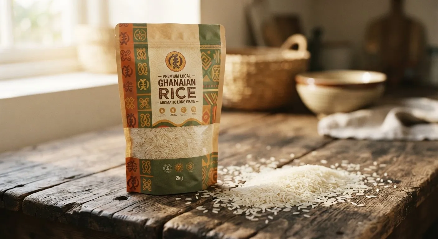 A branded pack of premium local Ghanaian rice with loose aromatic grains