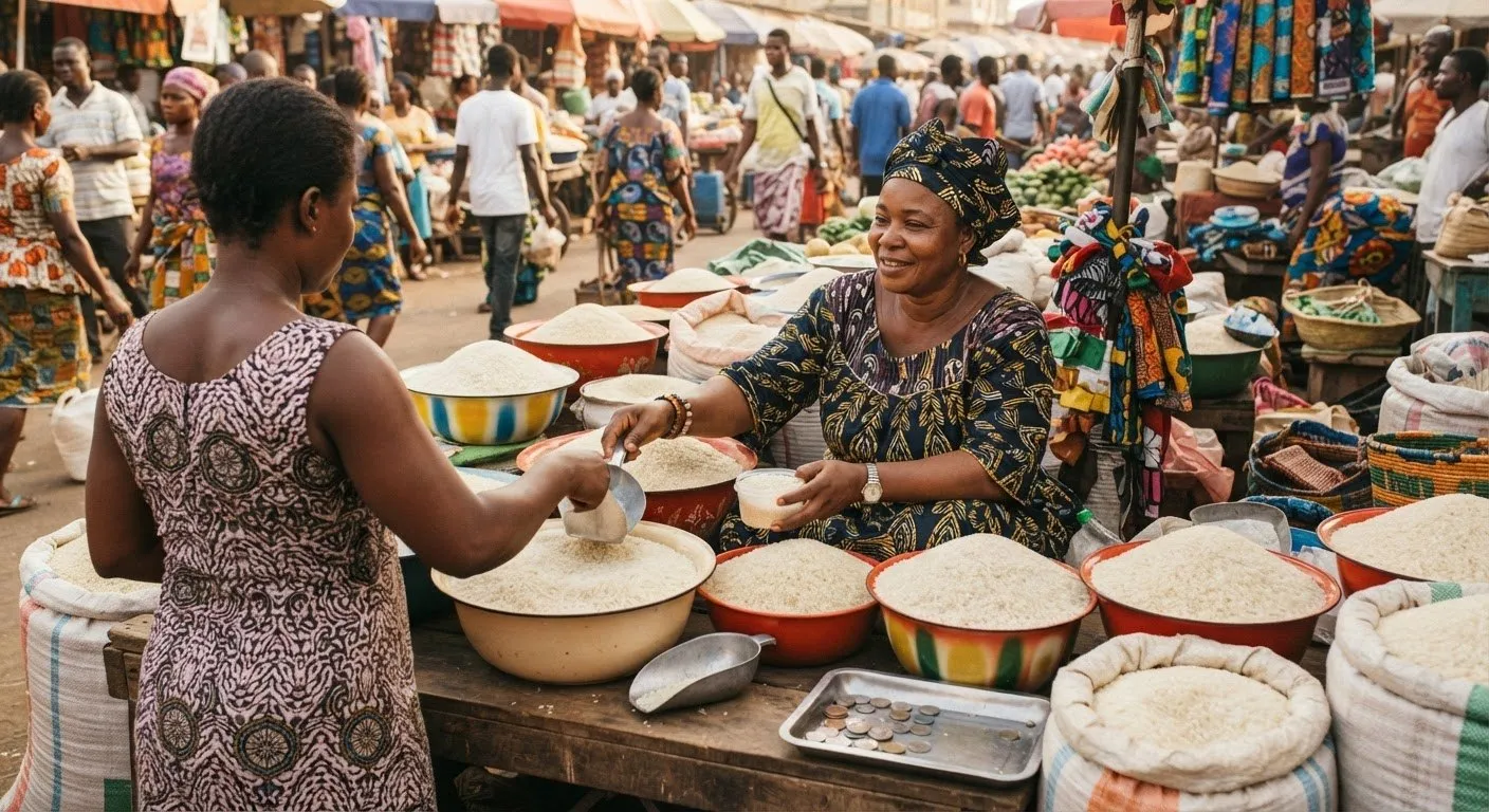 A Ghanaian woman trader selling rice at a busy market stall