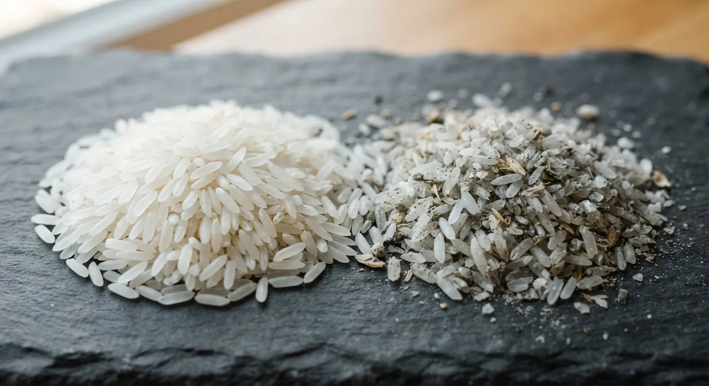 Clean white rice beside broken, discoloured rice, showing the quality gap